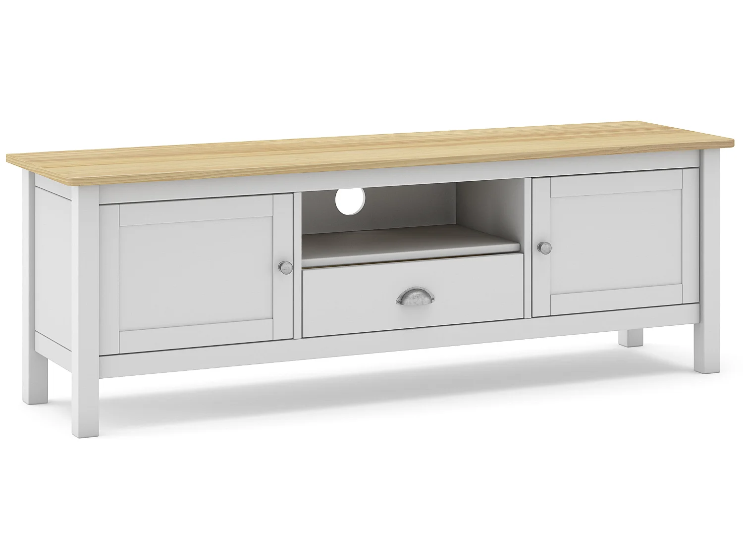 Meuble TV en pin massif chêne et blanc, meuble de rangement - Longueur 158 x Profondeur 40 x Hauteur 53 cm