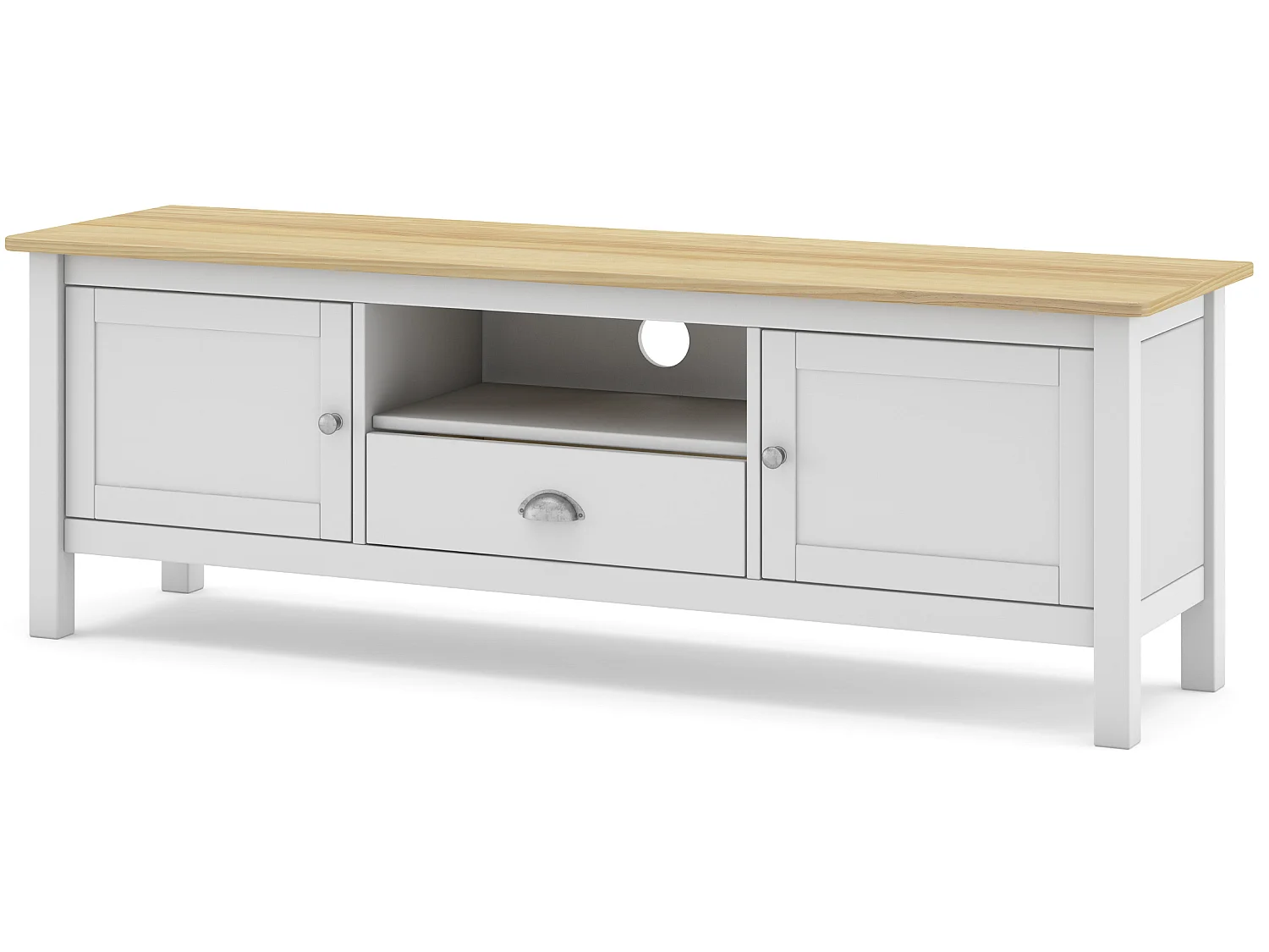Meuble TV en pin massif chêne et blanc, meuble de rangement - Longueur 158 x Profondeur 40 x Hauteur 53 cm