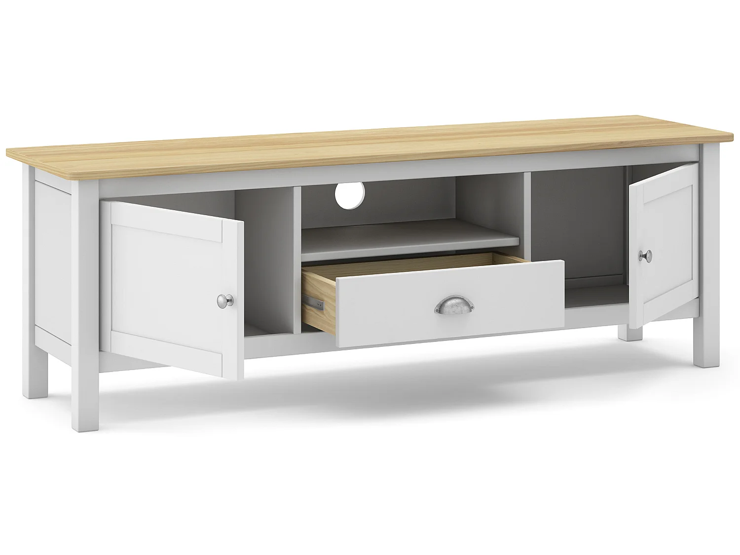 Meuble TV en pin massif chêne et blanc, meuble de rangement - Longueur 158 x Profondeur 40 x Hauteur 53 cm