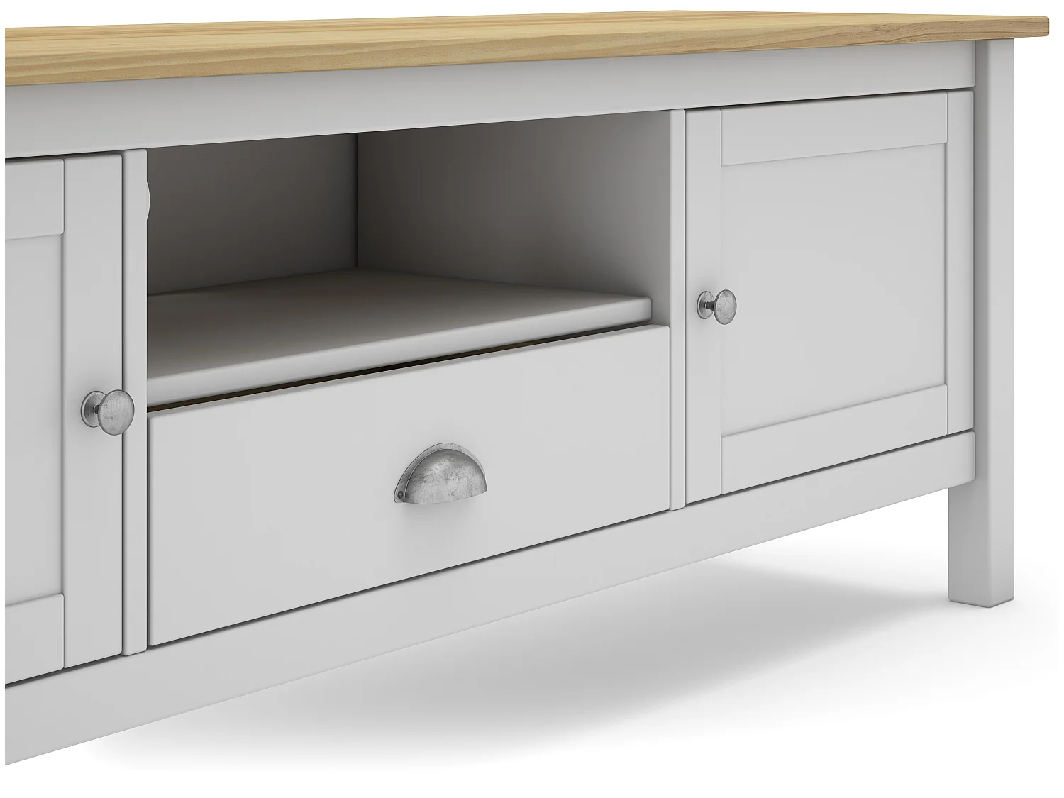 Meuble TV en pin massif chêne et blanc, meuble de rangement - Longueur 158 x Profondeur 40 x Hauteur 53 cm