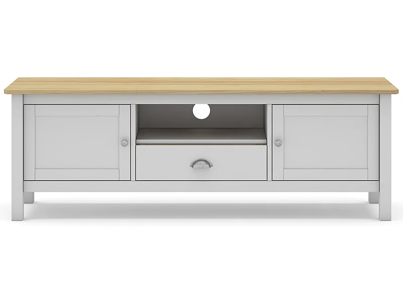 Meuble TV en pin massif chêne et blanc, meuble de rangement - Longueur 158 x Profondeur 40 x Hauteur 53 cm