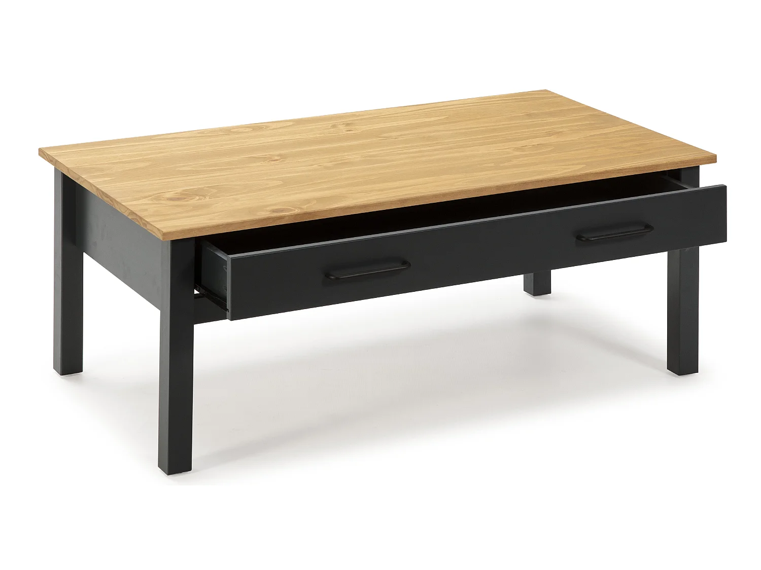 Table basse en pin massif ciré avec rangements coloris naturel/bleu foncé - Longueur 100 x Profondeur 55 x Hauteur 40 cm