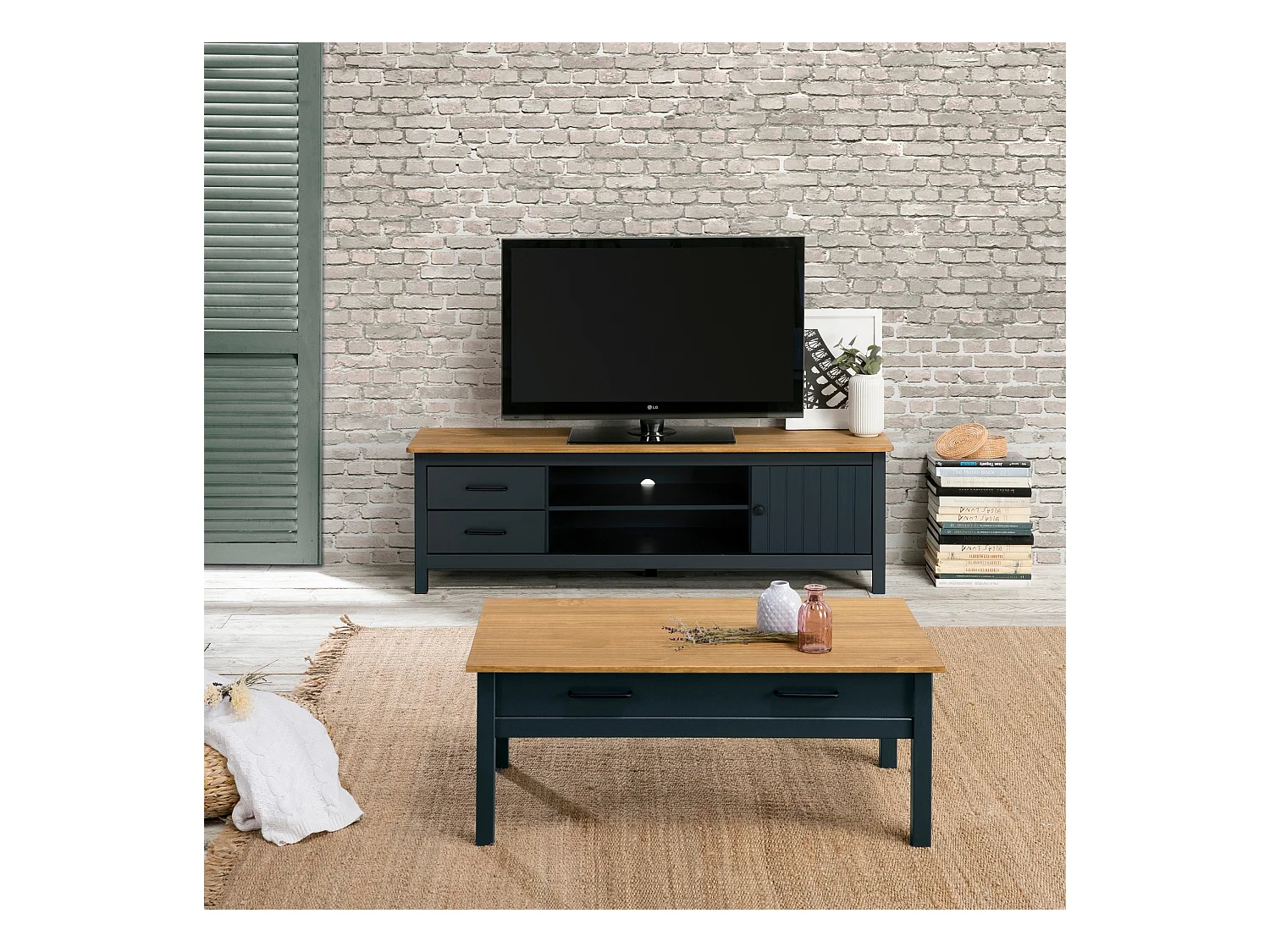 Table basse en pin massif ciré avec rangements coloris naturel/bleu foncé - Longueur 100 x Profondeur 55 x Hauteur 40 cm