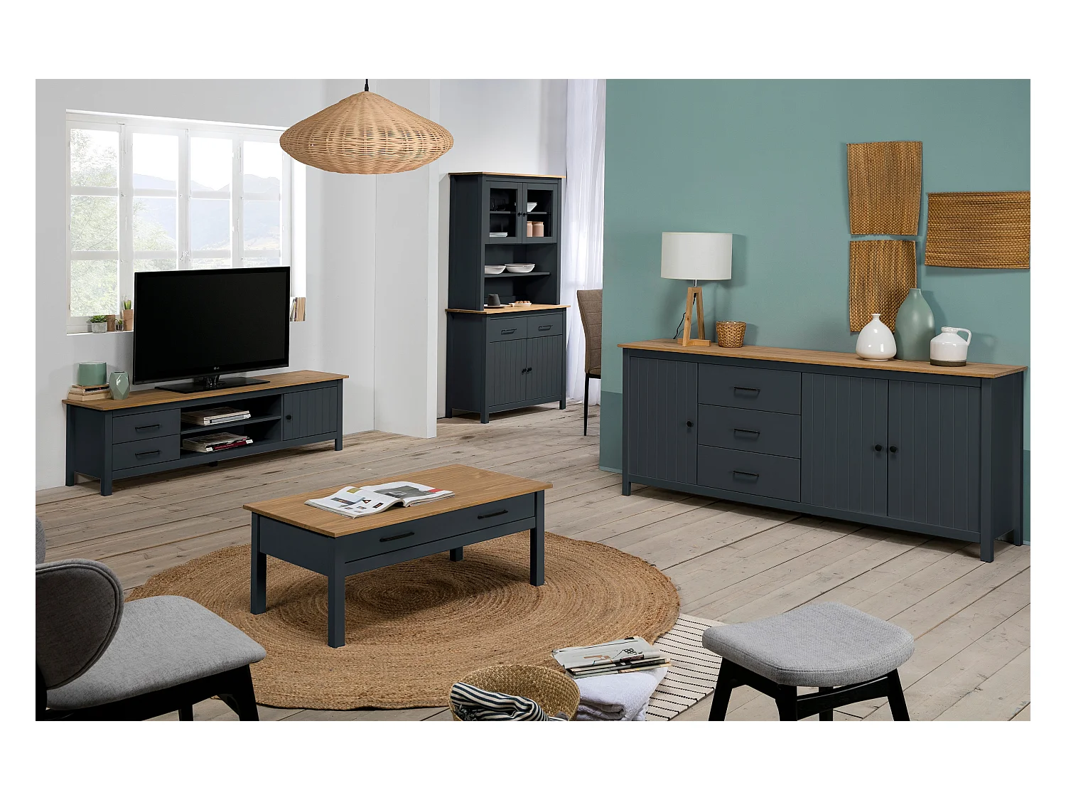 Table basse en pin massif ciré avec rangements coloris naturel/bleu foncé - Longueur 100 x Profondeur 55 x Hauteur 40 cm