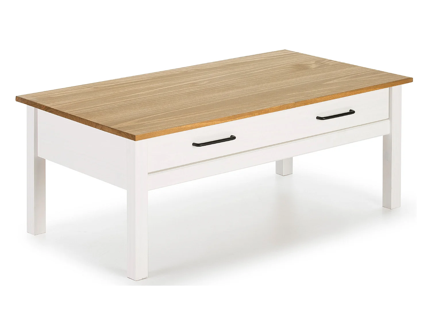 Table basse en pin massif ciré avec rangements coloris naturel/blanc - Longueur 100 x Profondeur 55 x Hauteur 40 cm