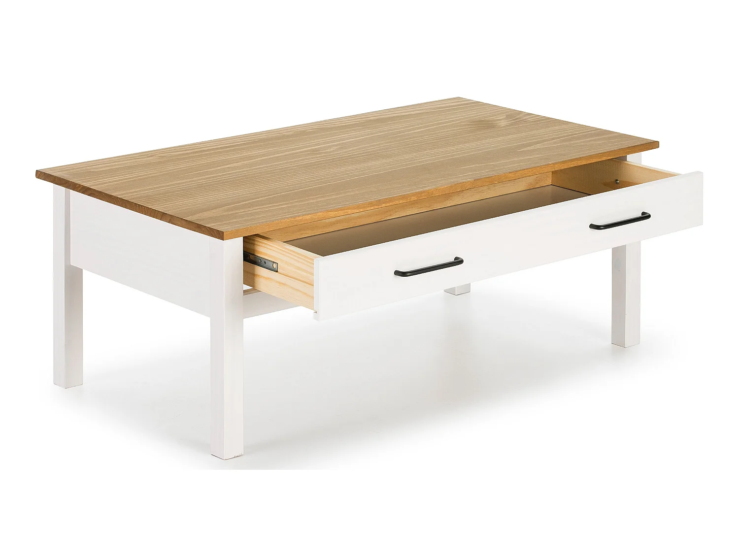 Table basse en pin massif ciré avec rangements coloris naturel/blanc - Longueur 100 x Profondeur 55 x Hauteur 40 cm