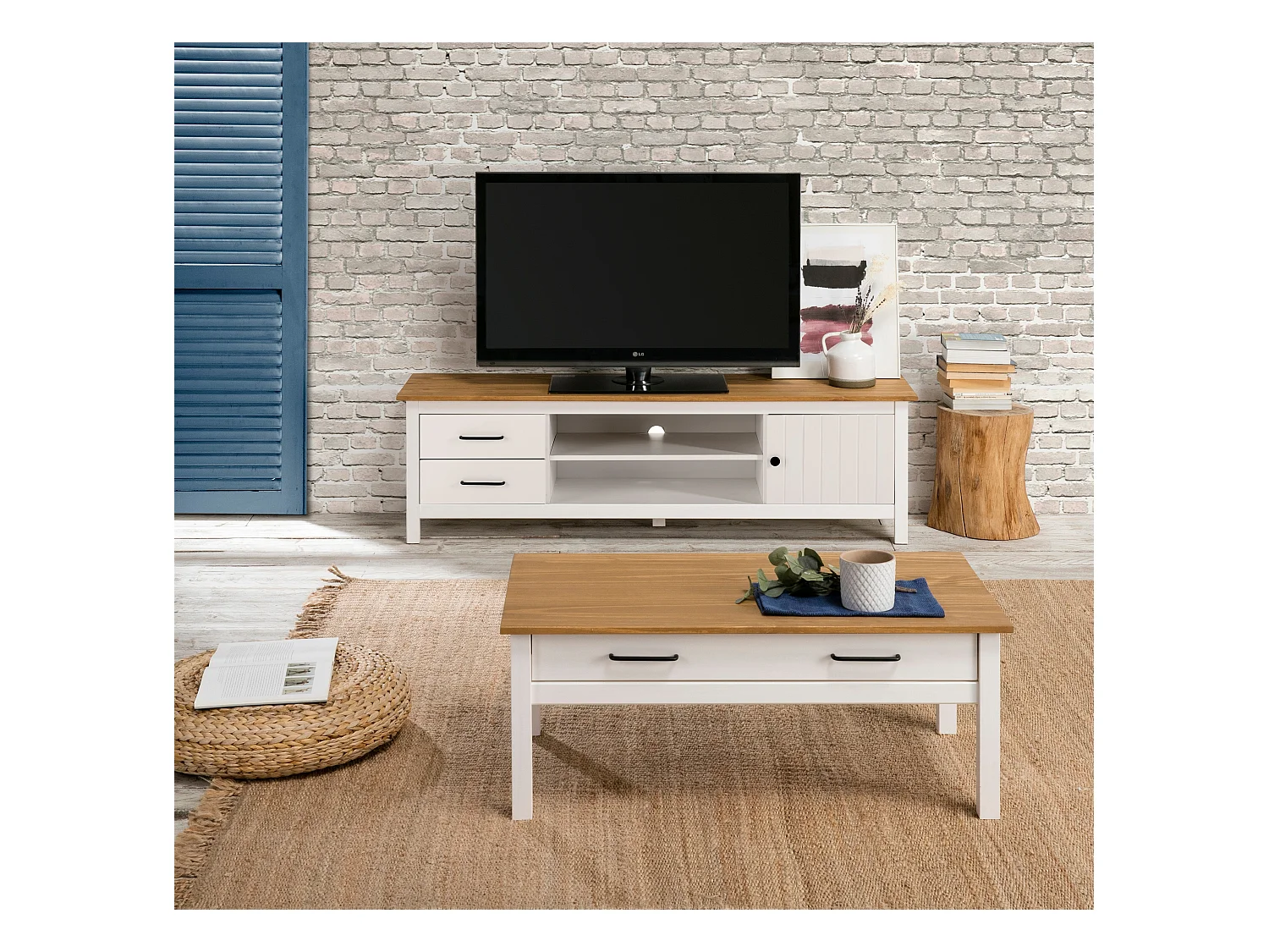 Table basse en pin massif ciré avec rangements coloris naturel/blanc - Longueur 100 x Profondeur 55 x Hauteur 40 cm