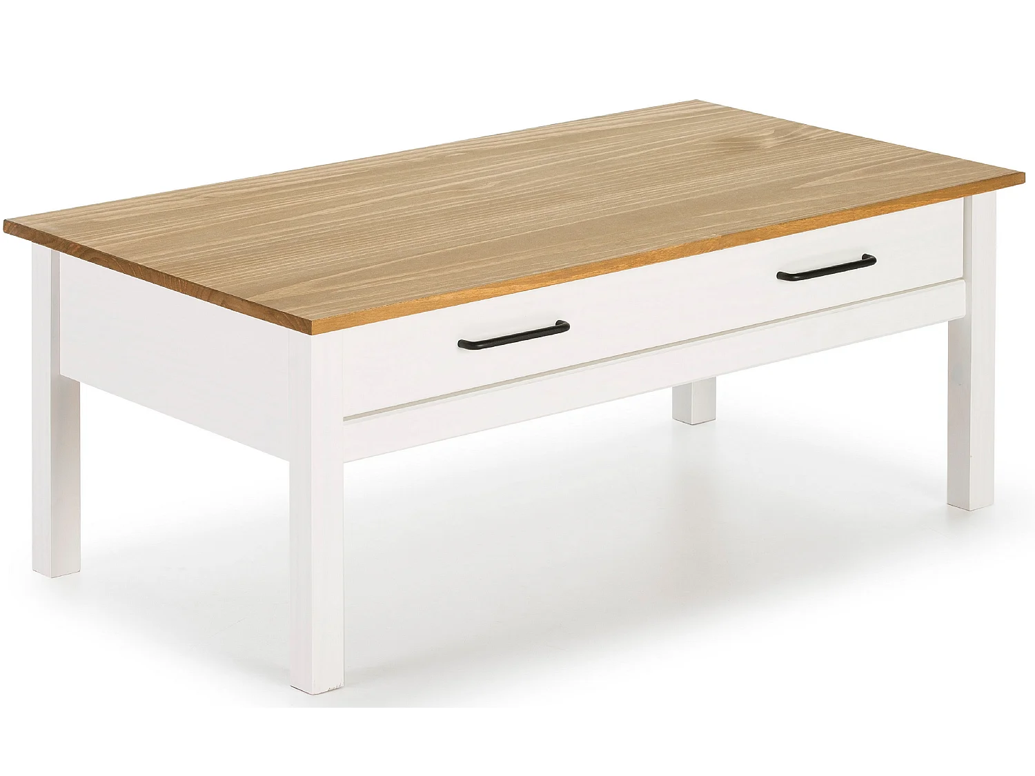 Table basse en pin massif ciré avec rangements coloris naturel/blanc - Longueur 100 x Profondeur 55 x Hauteur 40 cm