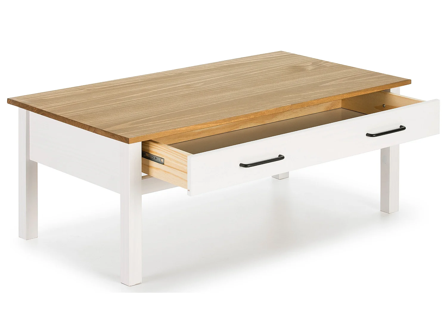 Table basse en pin massif ciré avec rangements coloris naturel/blanc - Longueur 100 x Profondeur 55 x Hauteur 40 cm