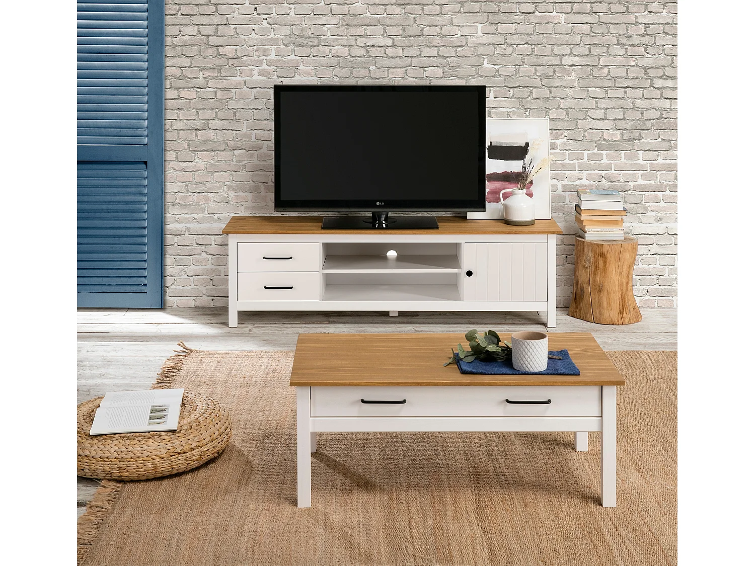 Table basse en pin massif ciré avec rangements coloris naturel/blanc - Longueur 100 x Profondeur 55 x Hauteur 40 cm
