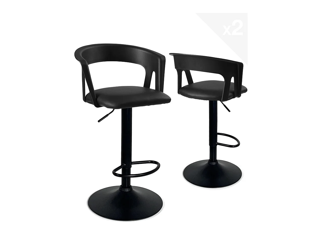 Lot 2 tabourets de bar dossier accoudoir coussin simili pivotant hauteur réglable AYO (noir intégral)