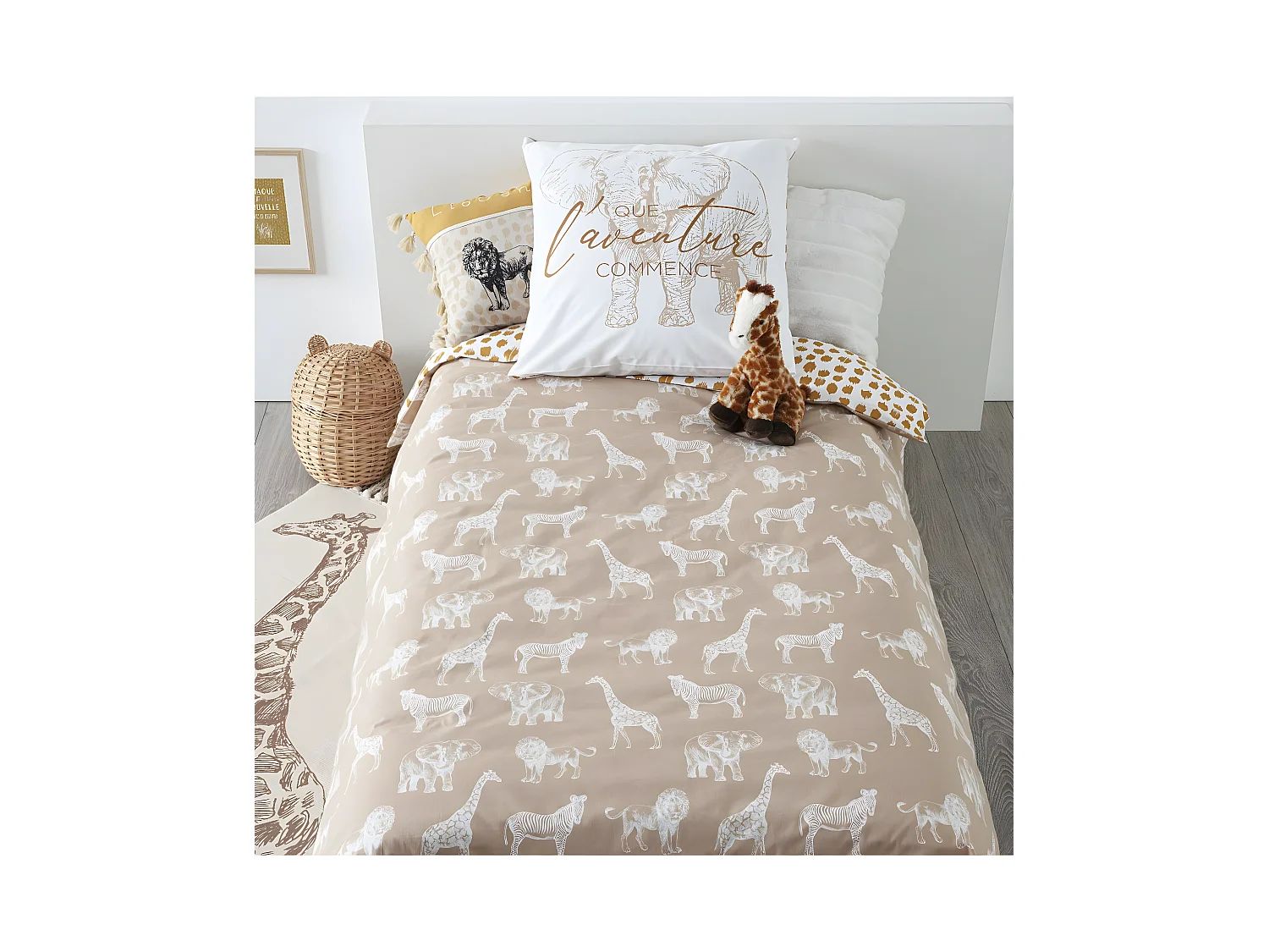 Juego de cama Savana 140x200 cm de Algodón para Niños - Reversible con Motivos de Animales - Marca Atmosphera