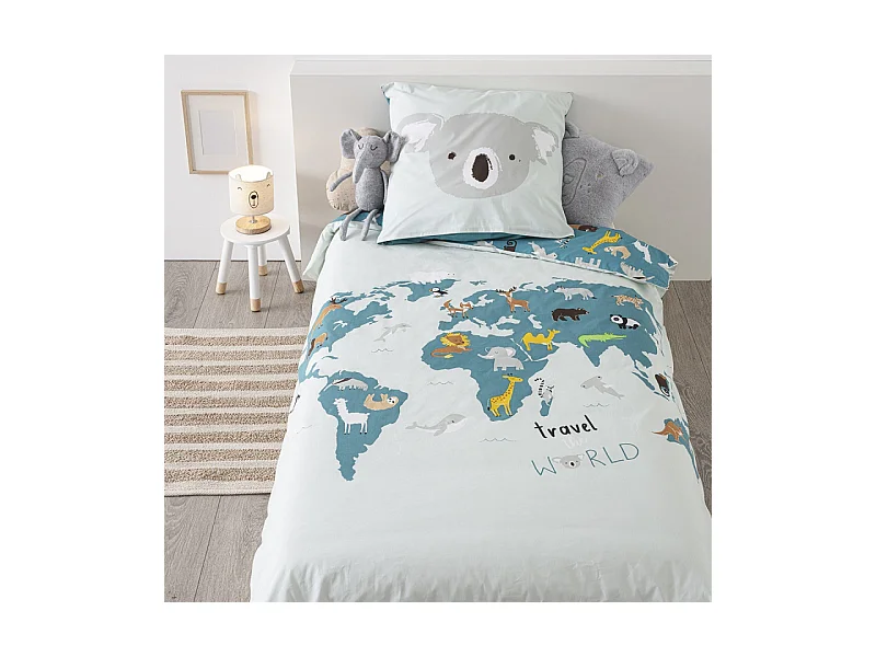 Parure de lit Carte du monde 140 x 200 cm Housse de couette en Coton avec sa taie