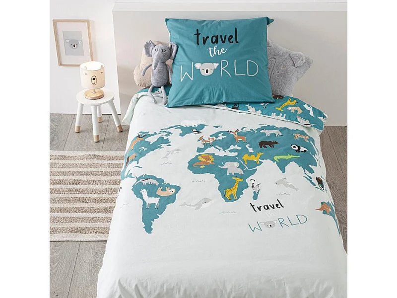 Parure de lit Carte du monde 140 x 200 cm Housse de couette en Coton avec sa taie