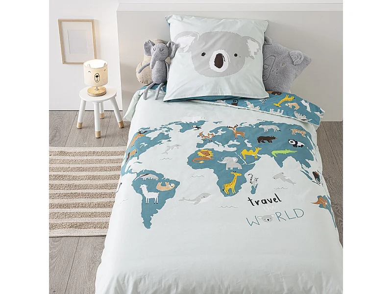 Parure de lit Carte du monde 140 x 200 cm Housse de couette en Coton avec sa taie