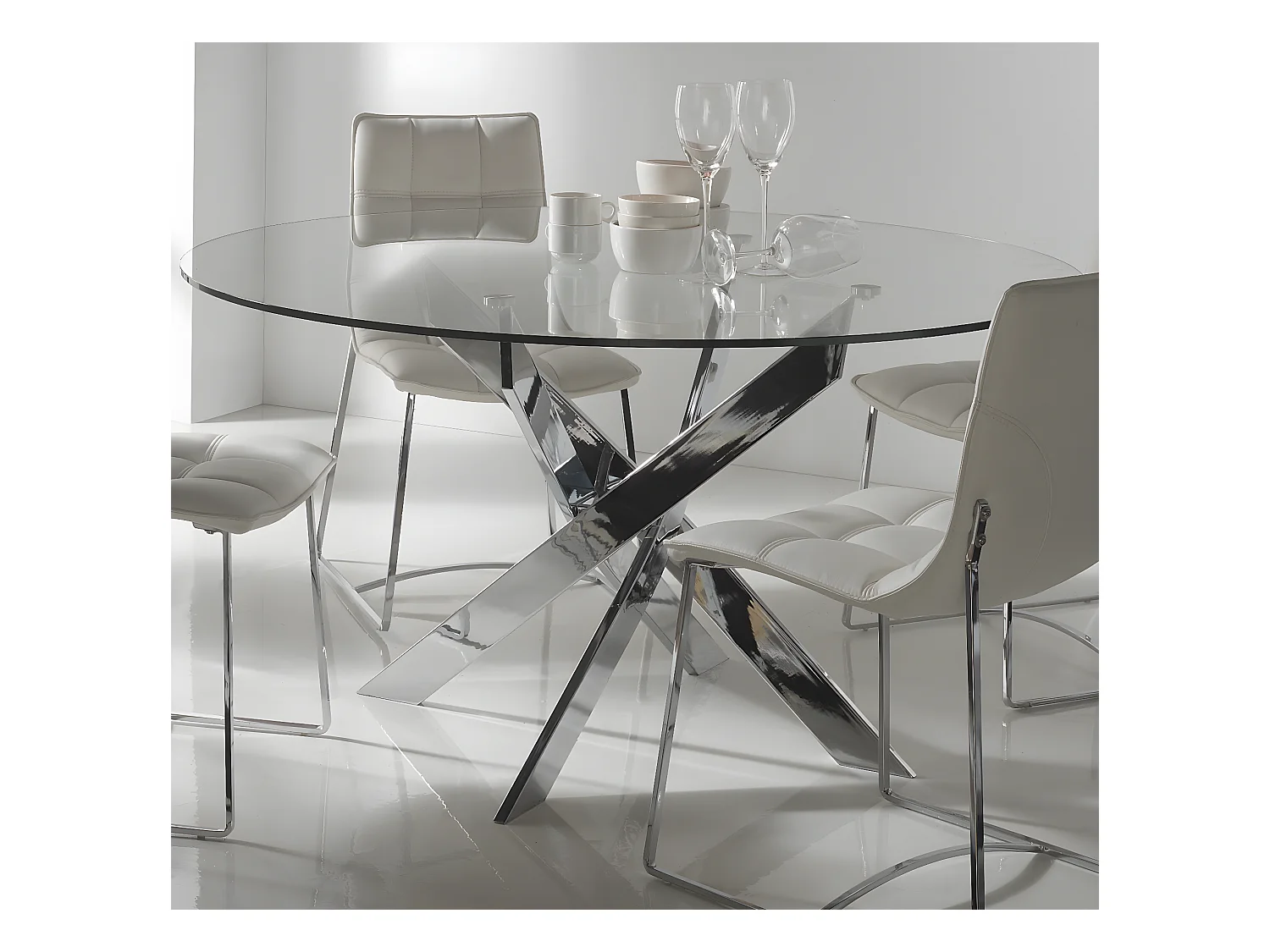 Table à manger ronde en verre trempé avec pieds en métal chromé - Diamètre 140 x Hauteur 76 cm