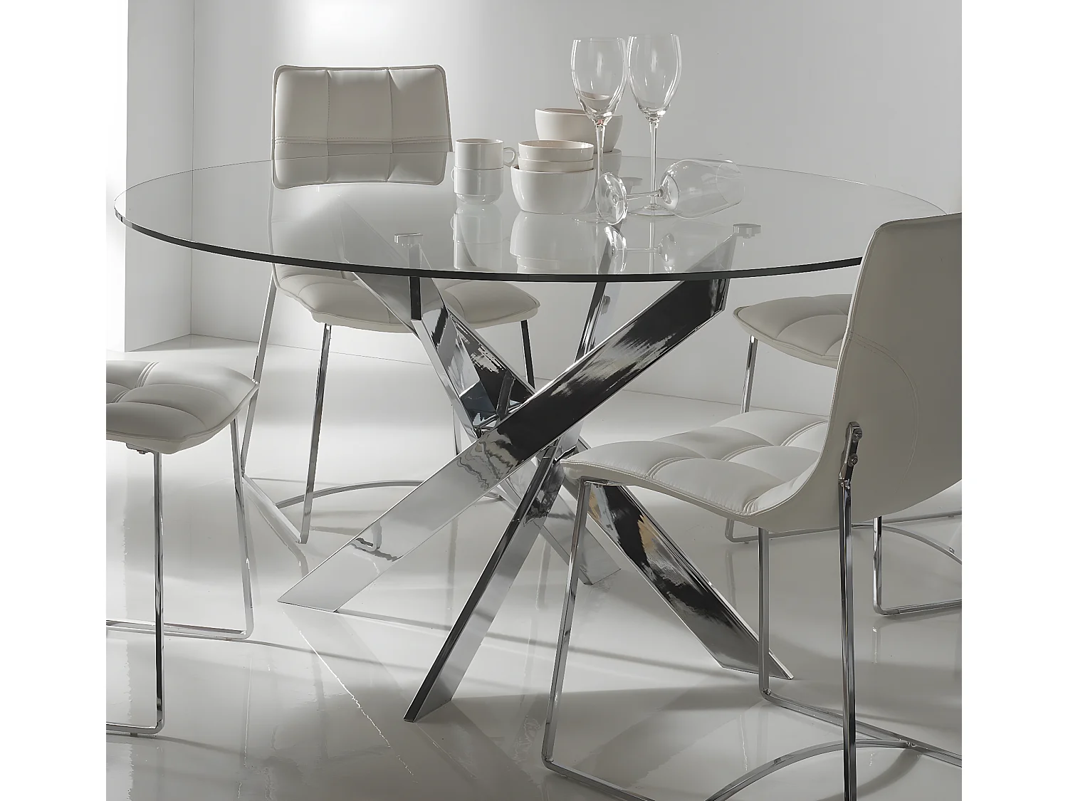 Table à manger ronde en verre trempé avec pieds en métal chromé - Diamètre 140 x Hauteur 76 cm