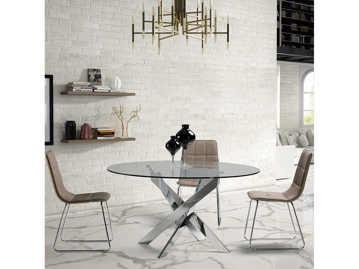 Table à manger ronde en verre trempé avec pieds en métal chromé - Diamètre 140 x Hauteur 76 cm