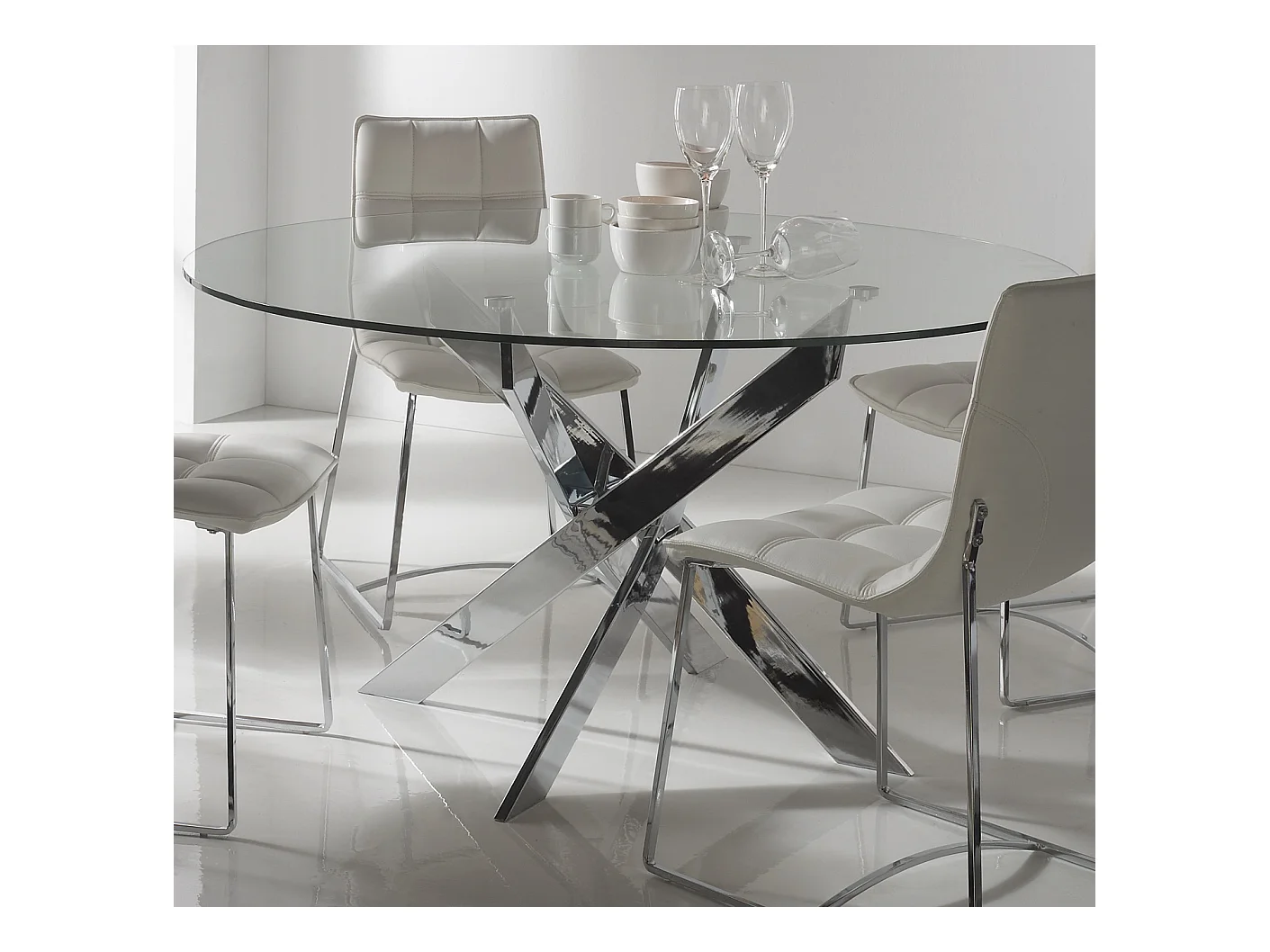 Table à manger ronde en verre trempé avec pieds en métal chromé - Diamètre 120 x Hauteur 75 cm