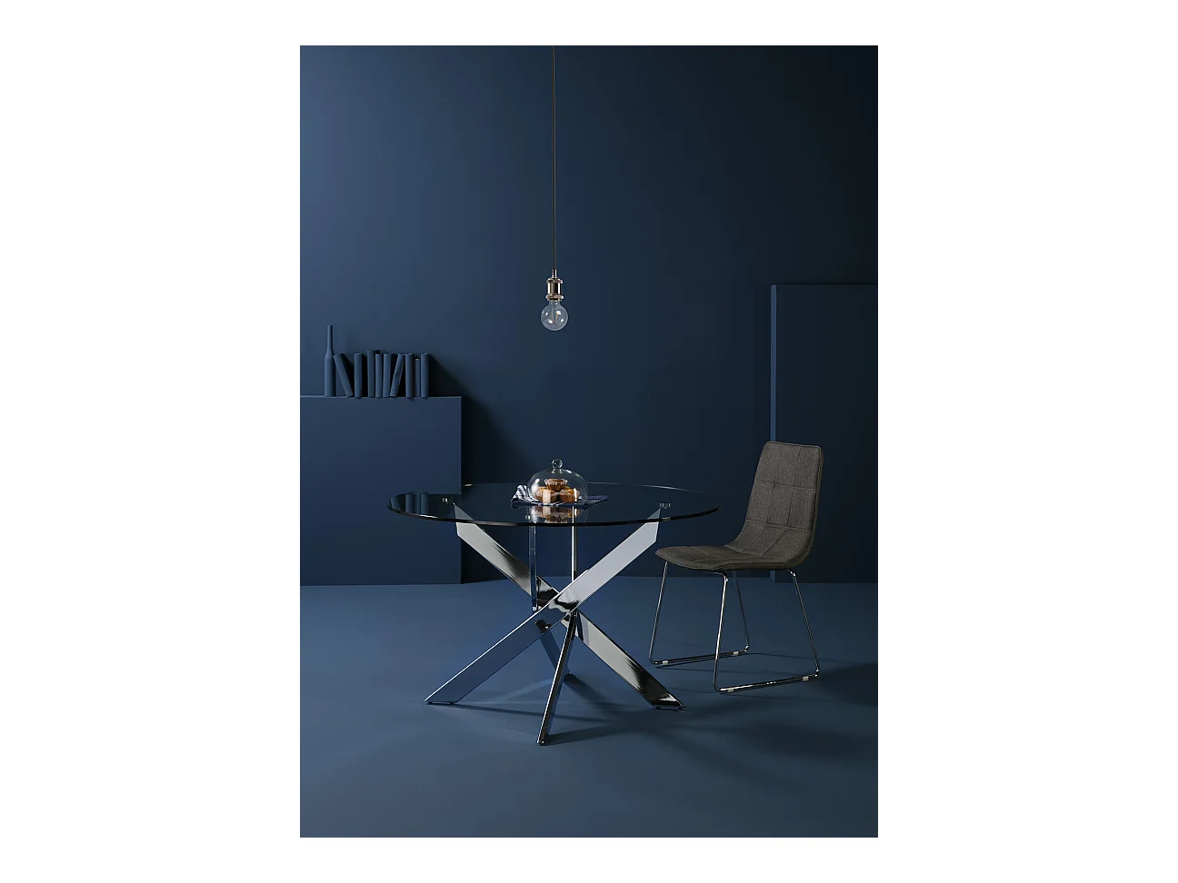 Table à manger ronde en verre trempé avec pieds en métal chromé - Diamètre 120 x Hauteur 75 cm