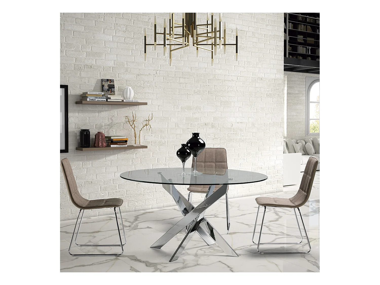 Table à manger ronde en verre trempé avec pieds en métal chromé - Diamètre 120 x Hauteur 75 cm