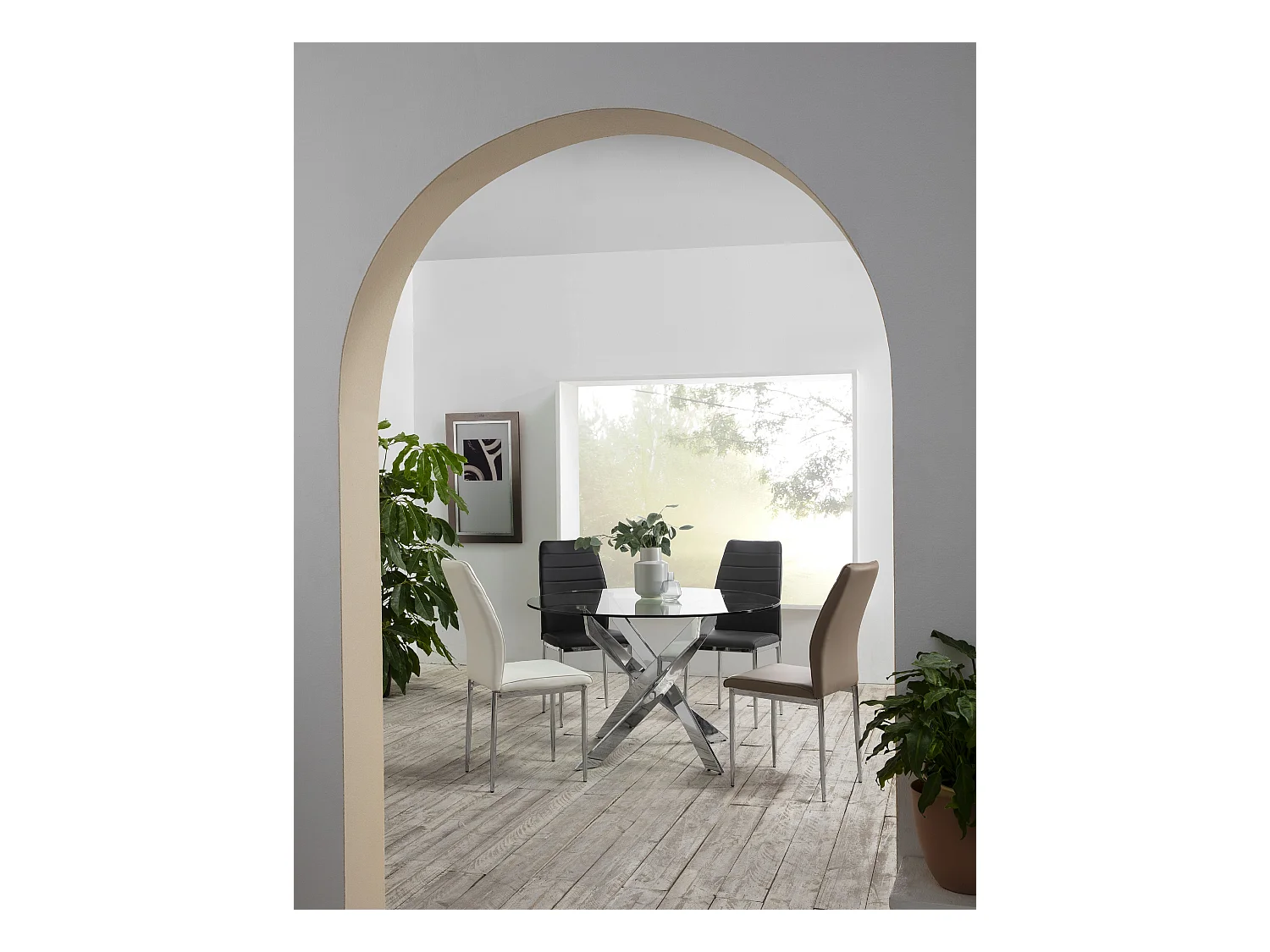 Table à manger ronde en verre trempé avec pieds en métal chromé - Diamètre 120 x Hauteur 75 cm