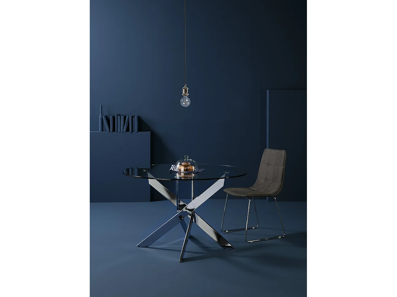 Table à manger ronde en verre trempé avec pieds en métal chromé - Diamètre 120 x Hauteur 75 cm