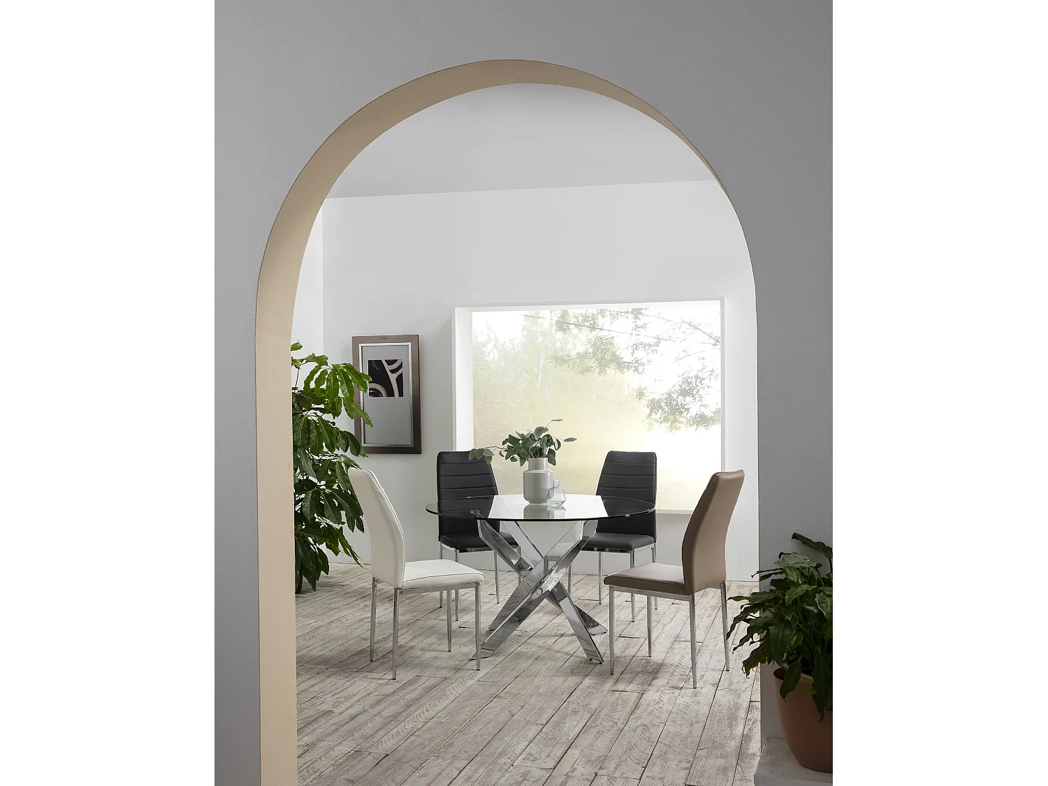 Table à manger ronde en verre trempé avec pieds en métal chromé - Diamètre 120 x Hauteur 75 cm