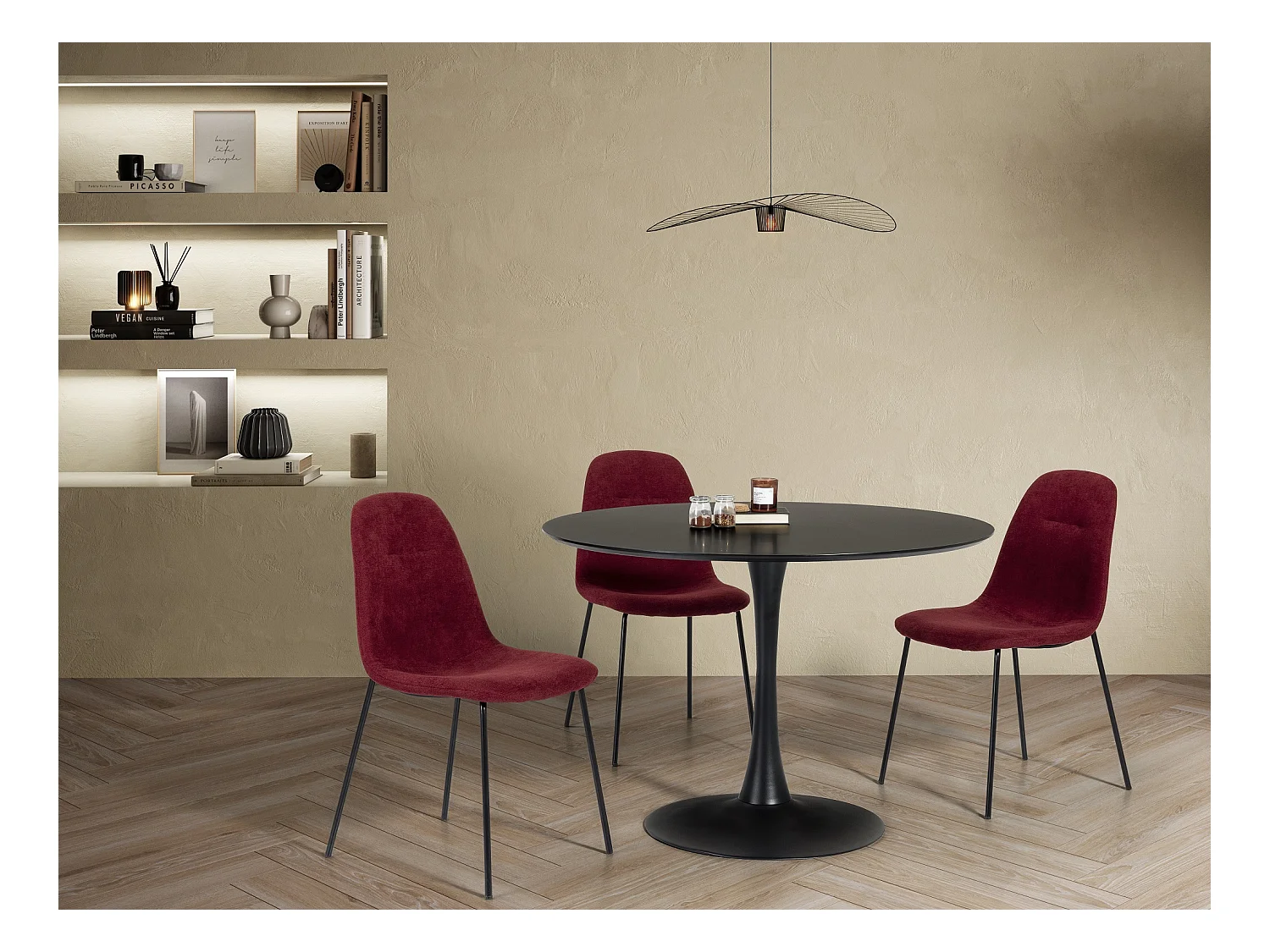 Table à manger ronde en MDF avec armature en métal laqué noir - Diamètre 110 x Hauteur 75 cm