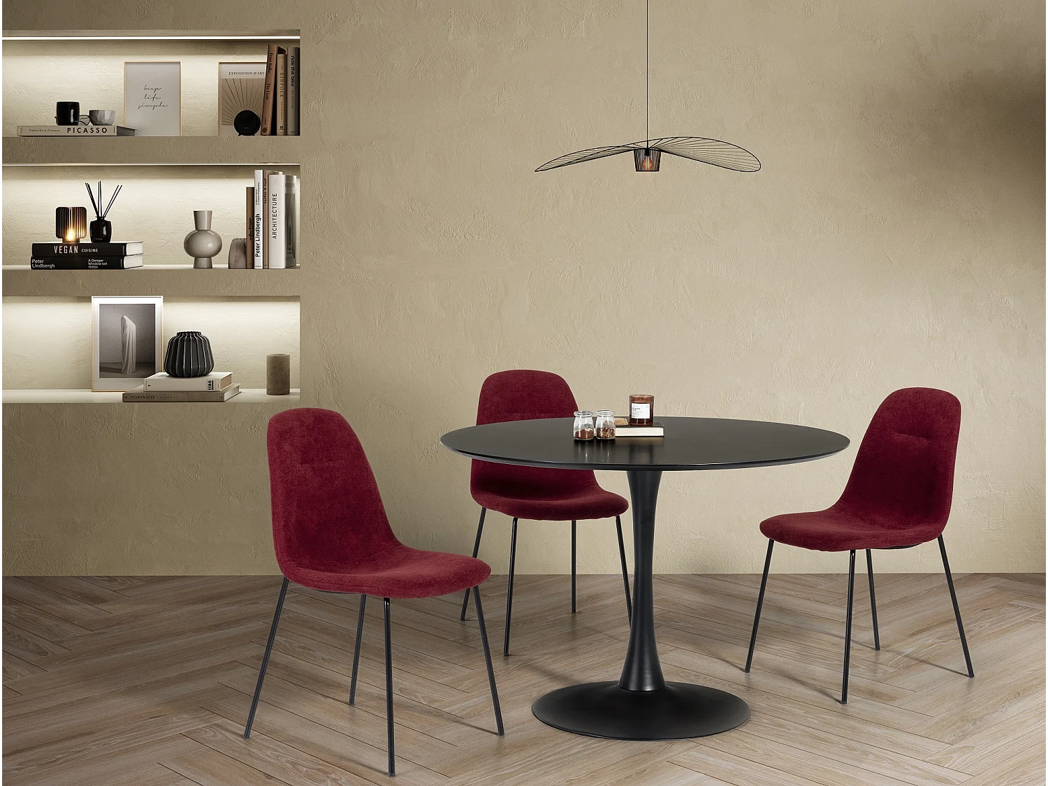 Table à manger ronde en MDF avec armature en métal laqué noir - Diamètre 110 x Hauteur 75 cm