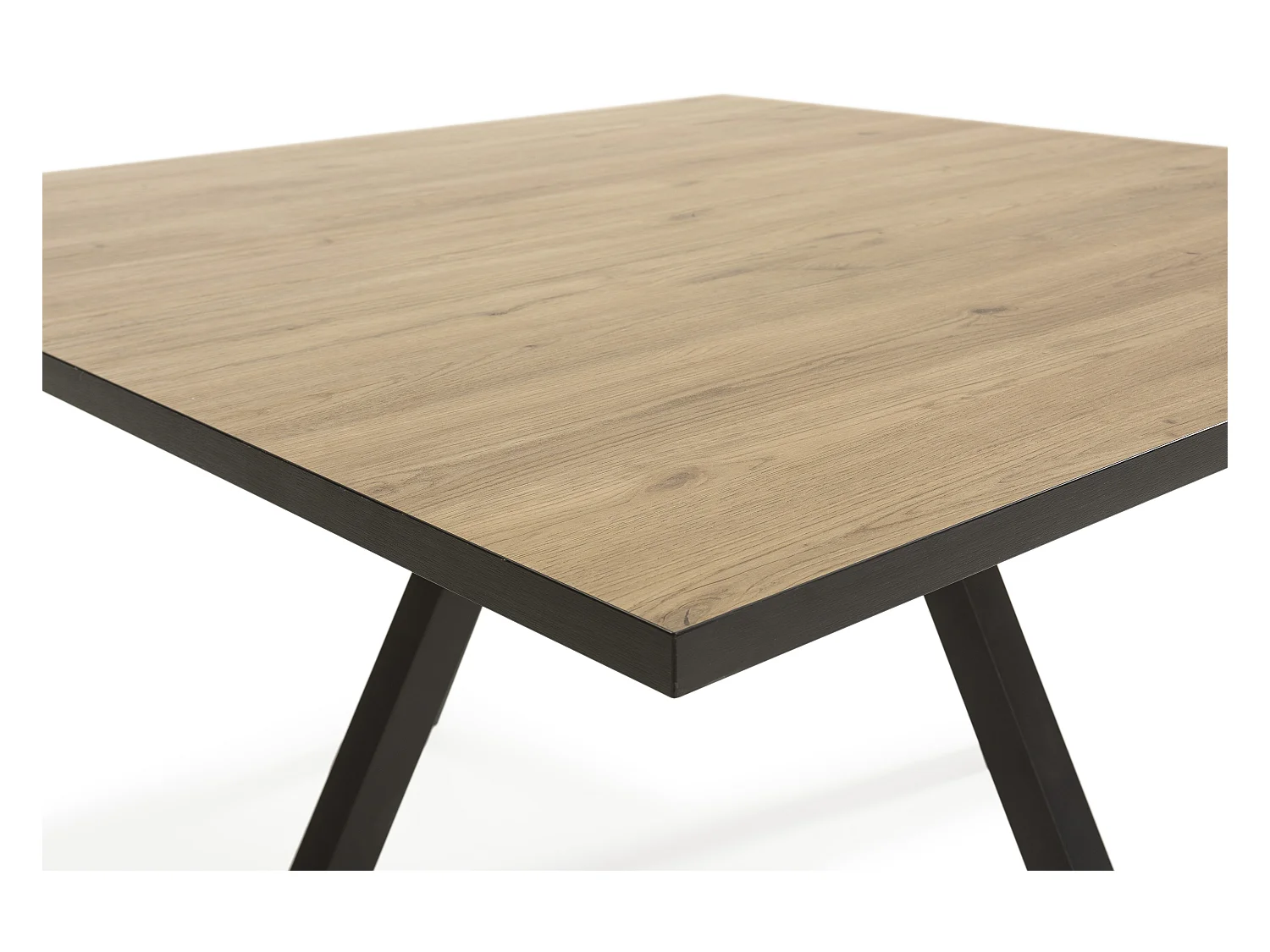 Table à manger carrée en mélamine naturel avec pieds en métal laqué noir - Longueur 136 x Profondeur 136 x Hauteur 77 cm