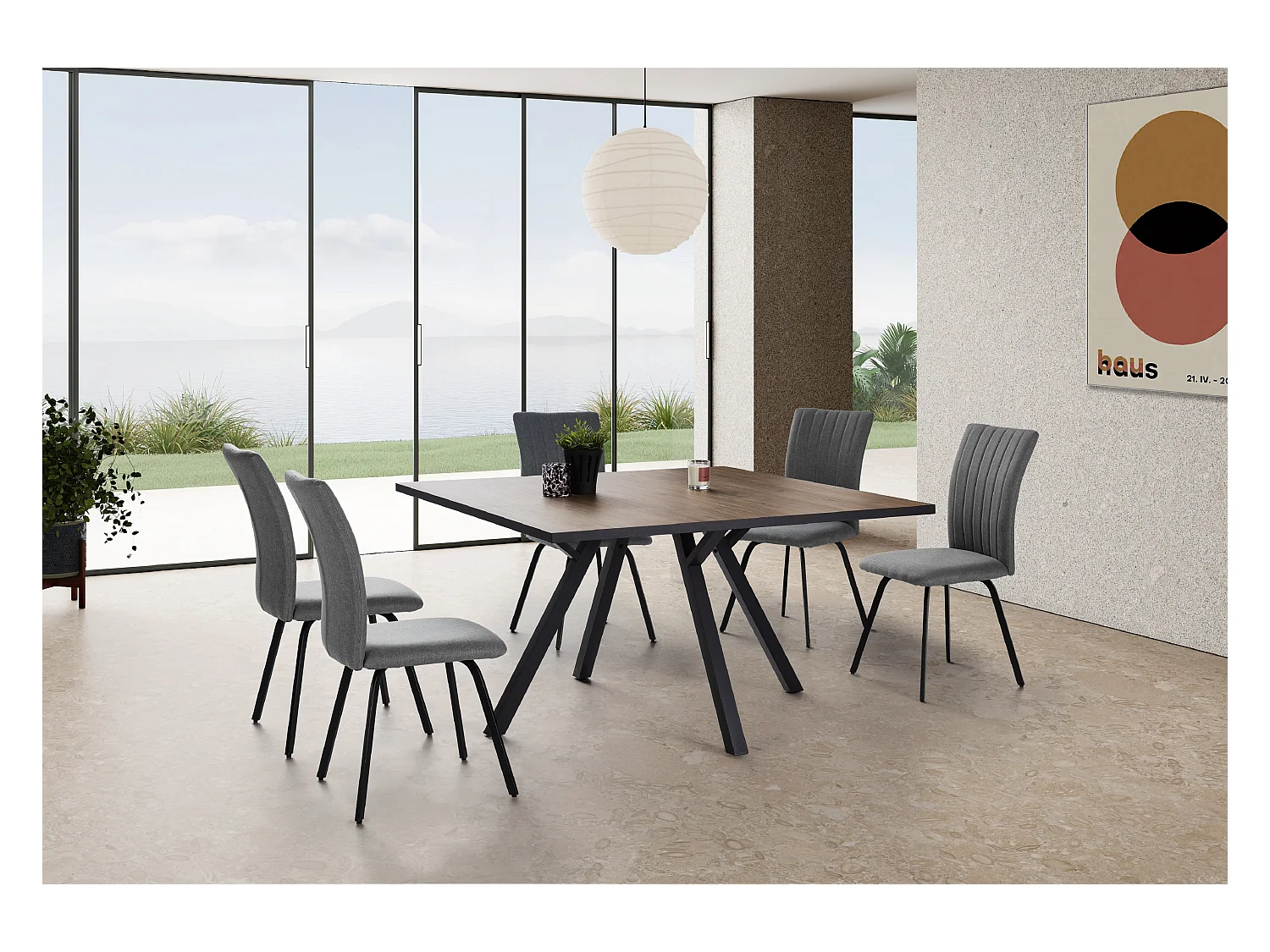 Table à manger carrée en mélamine naturel avec pieds en métal laqué noir - Longueur 136 x Profondeur 136 x Hauteur 77 cm