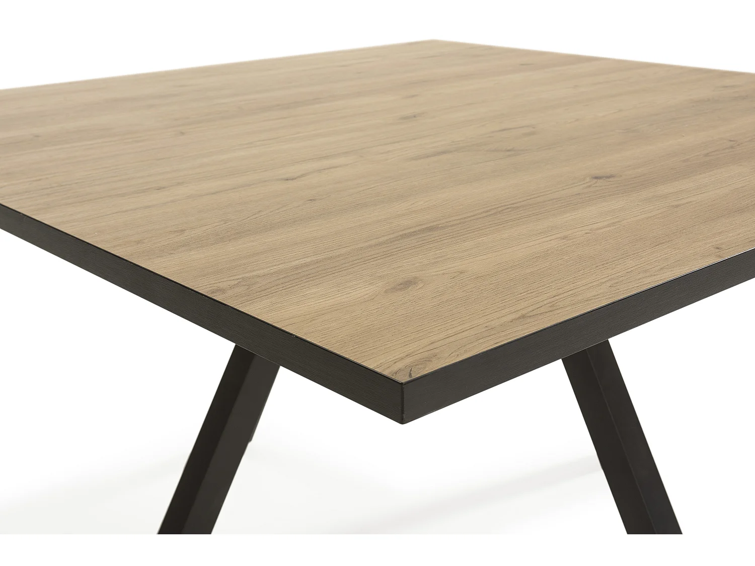Table à manger carrée en mélamine naturel avec pieds en métal laqué noir - Longueur 136 x Profondeur 136 x Hauteur 77 cm