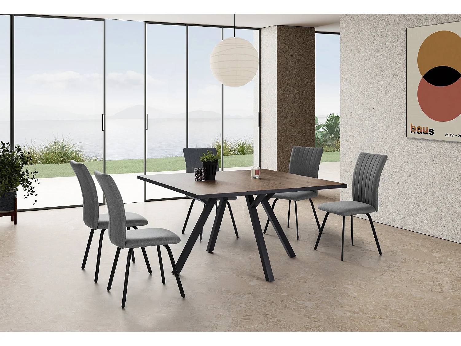 Table à manger carrée en mélamine naturel avec pieds en métal laqué noir - Longueur 136 x Profondeur 136 x Hauteur 77 cm