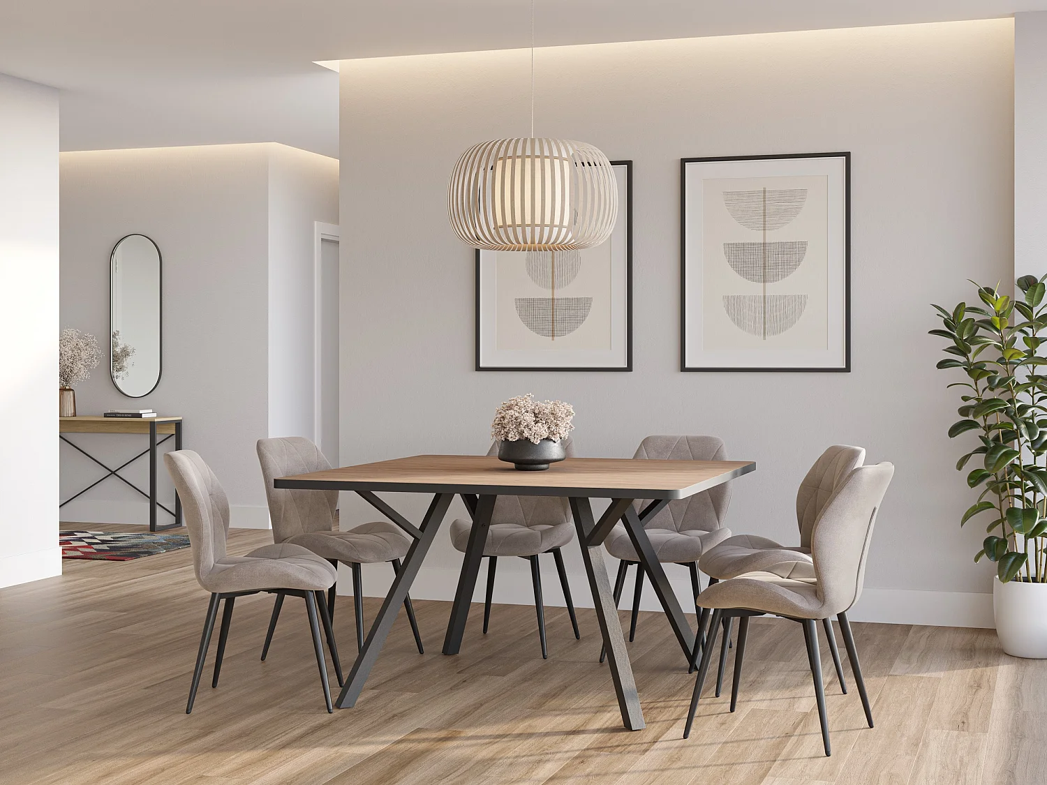 Table à manger carrée en mélamine naturel avec pieds en métal laqué noir - Longueur 136 x Profondeur 136 x Hauteur 77 cm