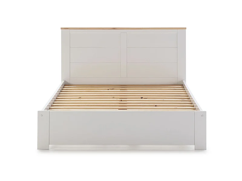 Lit adulte en pin ciré et MDF coloris blanc laqué, naturel - Longueur 207,7 x Profondeur 172 x Hauteur 100 cm