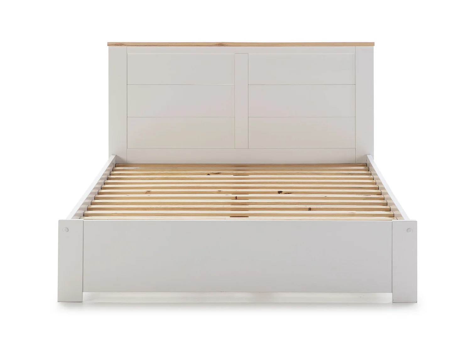 Lit adulte en pin ciré et MDF coloris blanc laqué, naturel - Longueur 207,7 x Profondeur 172 x Hauteur 100 cm