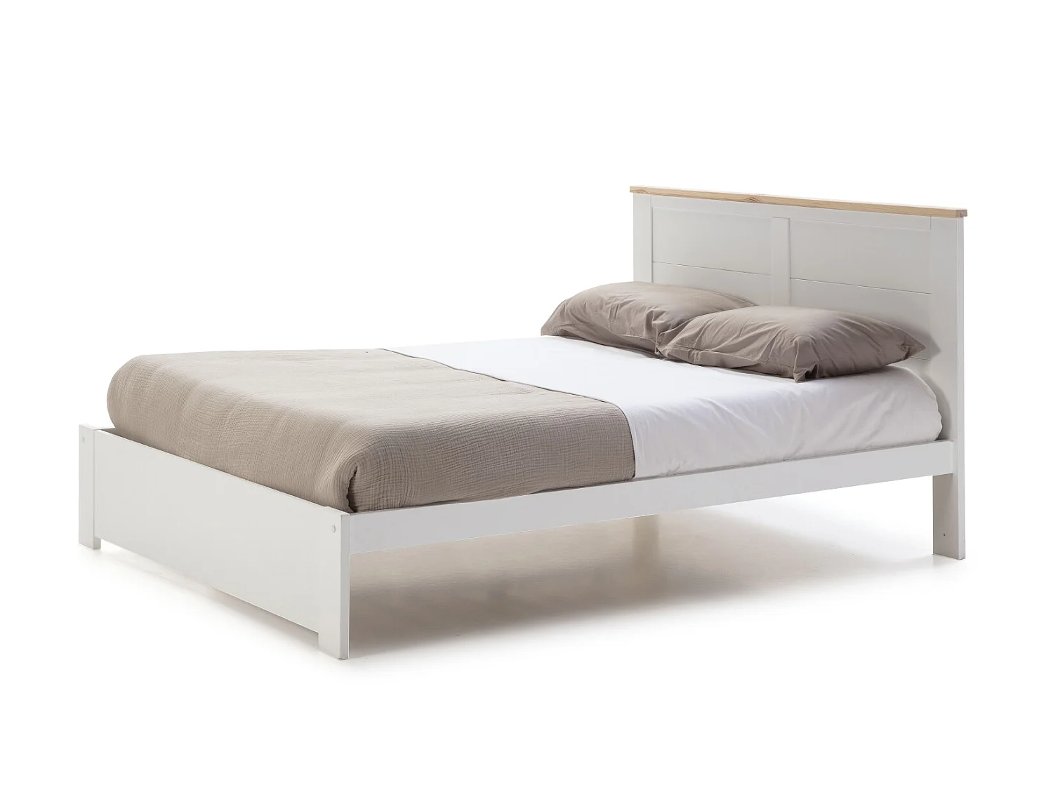 Lit adulte en pin ciré et MDF coloris blanc laqué, naturel - Longueur 207,7 x Profondeur 172 x Hauteur 100 cm