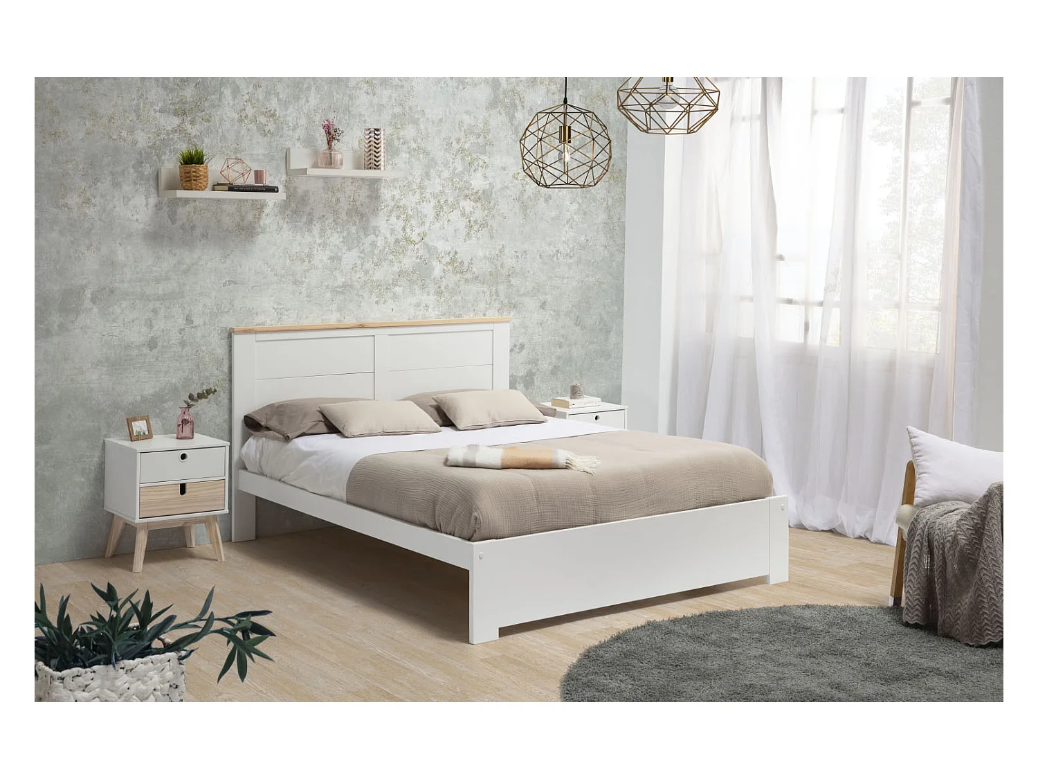 Lit adulte en pin ciré et MDF coloris blanc laqué, naturel - Longueur 207,7 x Profondeur 172 x Hauteur 100 cm