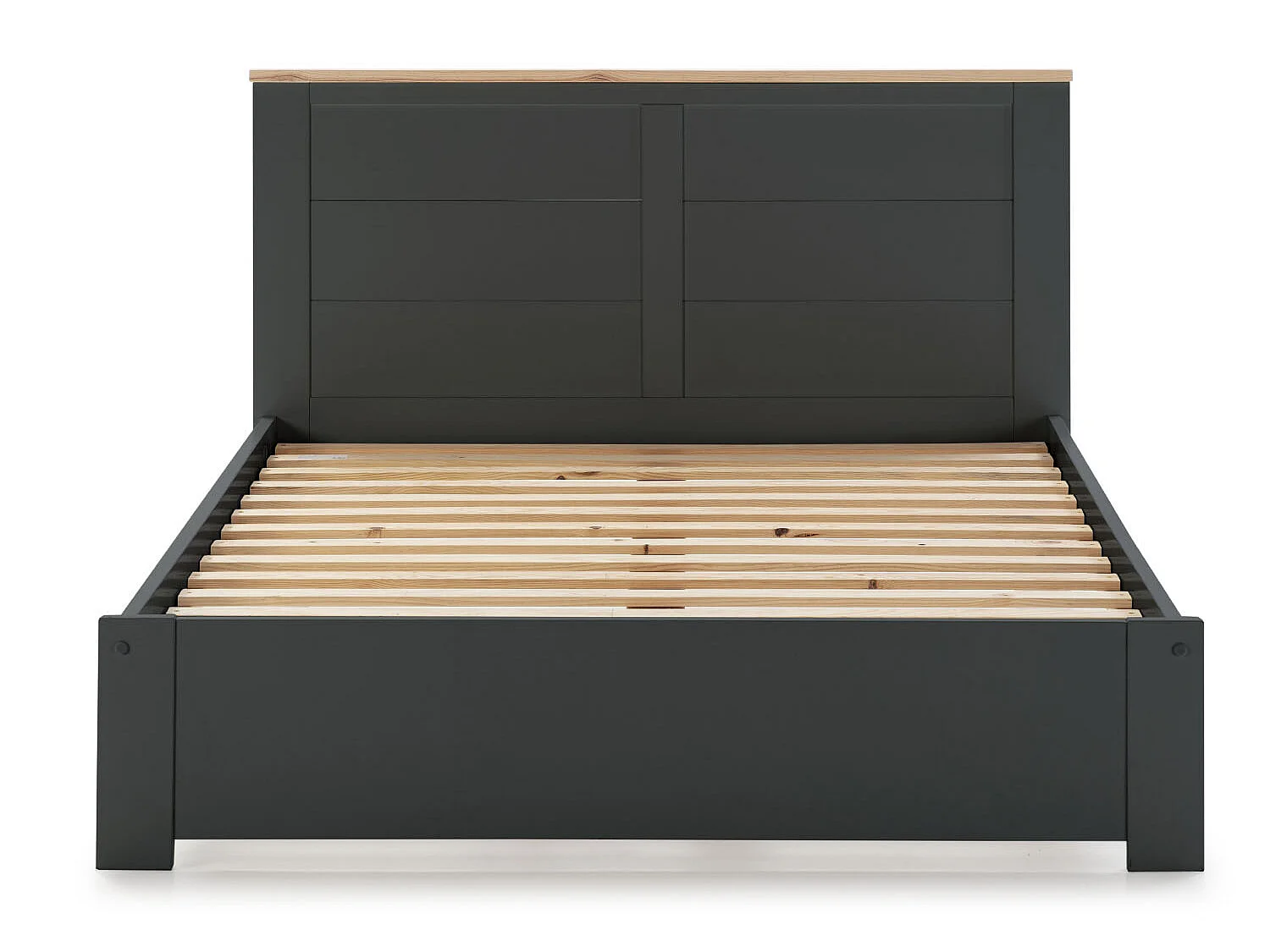 Lit adulte en pin ciré et MDF coloris gris anthracite, naturel  - Longueur 207,7 x Profondeur 172 x Hauteur 100 cm