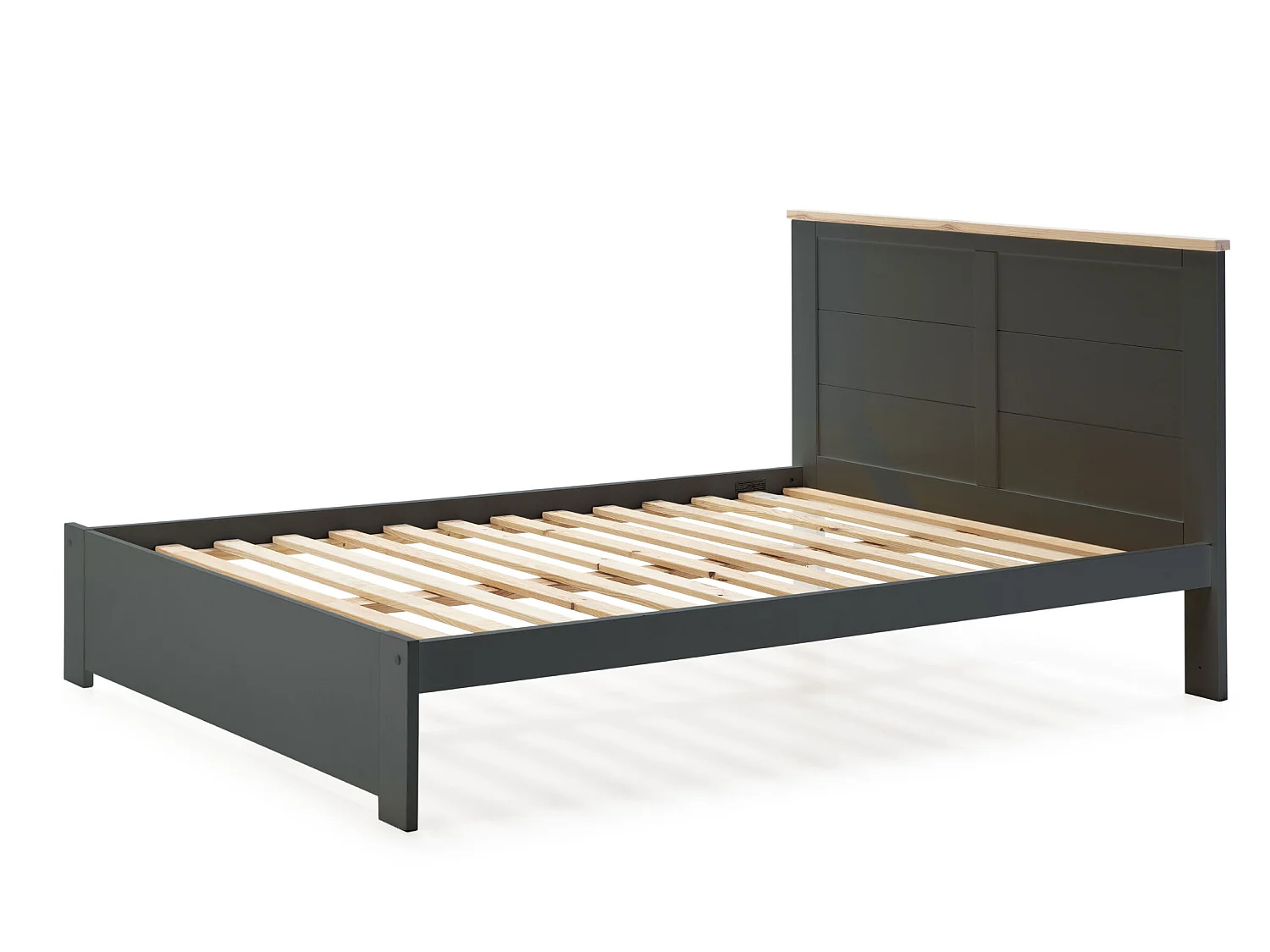 Lit adulte en pin ciré et MDF coloris gris anthracite, naturel  - Longueur 207,7 x Profondeur 172 x Hauteur 100 cm