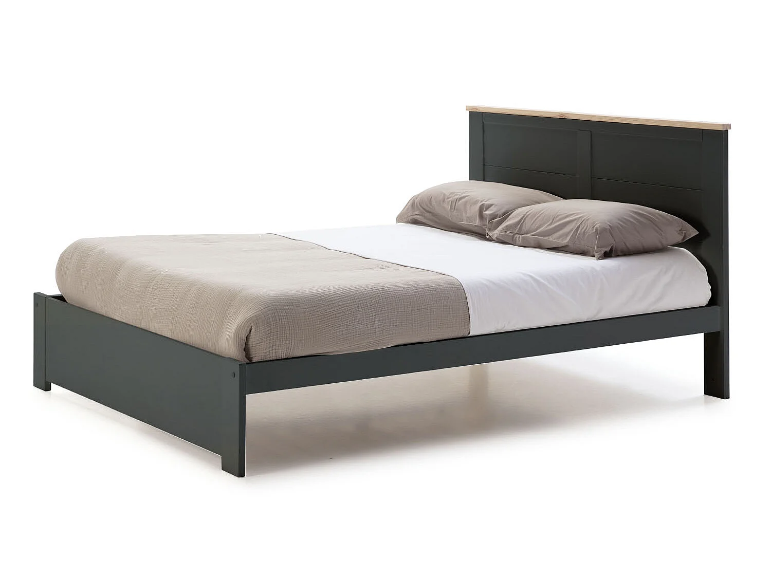 Lit adulte en pin ciré et MDF coloris gris anthracite, naturel  - Longueur 207,7 x Profondeur 172 x Hauteur 100 cm