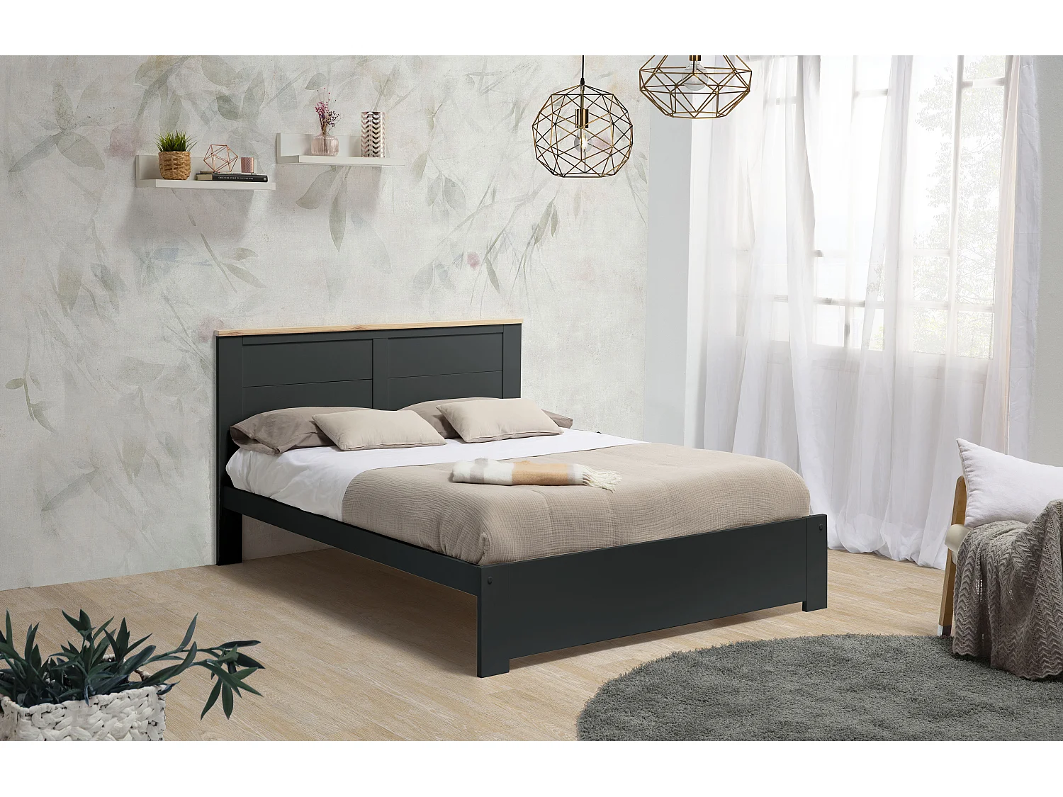 Lit adulte en pin ciré et MDF coloris gris anthracite, naturel  - Longueur 207,7 x Profondeur 172 x Hauteur 100 cm