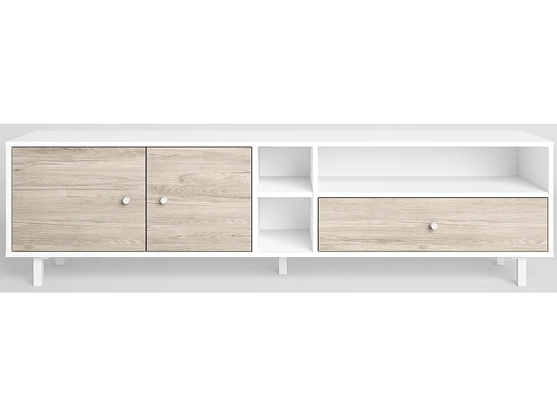 Meuble TV en mélamine blanc / chêne avec pieds en métal, meuble de rangement - Longueur 180 x Profondeur 40 x Hauteur 46.7 cm