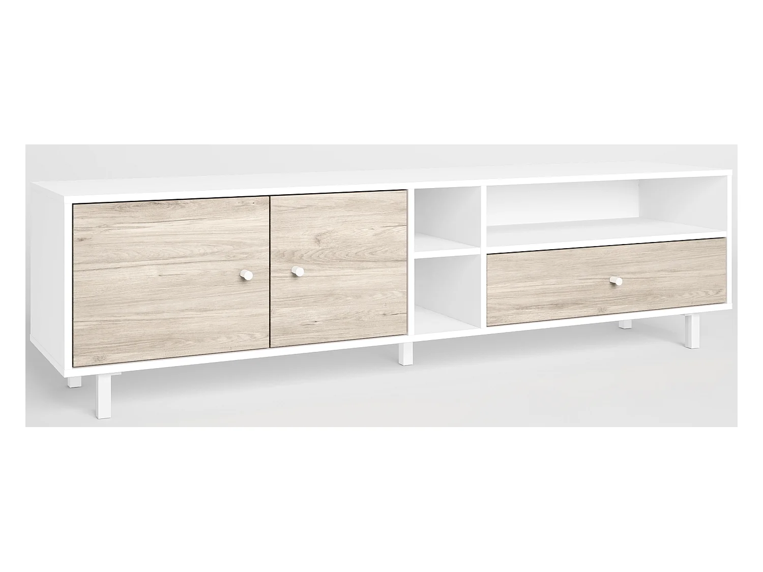 Meuble TV en mélamine blanc / chêne avec pieds en métal, meuble de rangement - Longueur 180 x Profondeur 40 x Hauteur 46.7 cm