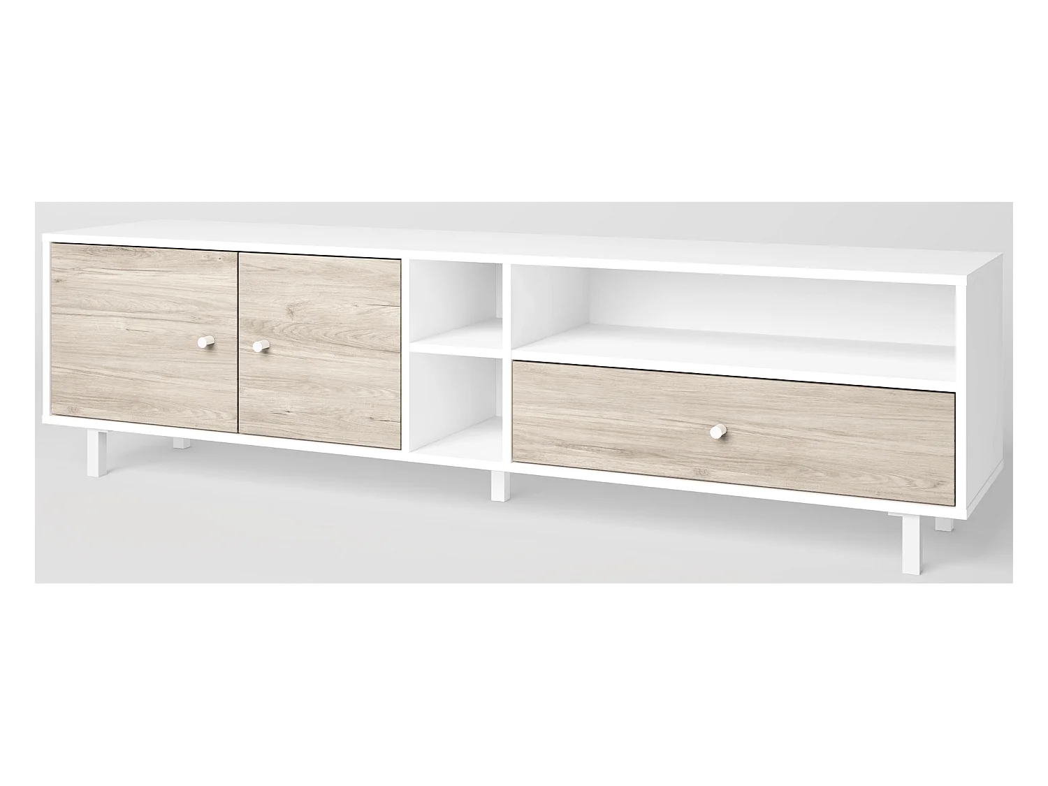 Meuble TV en mélamine blanc / chêne avec pieds en métal, meuble de rangement - Longueur 180 x Profondeur 40 x Hauteur 46.7 cm