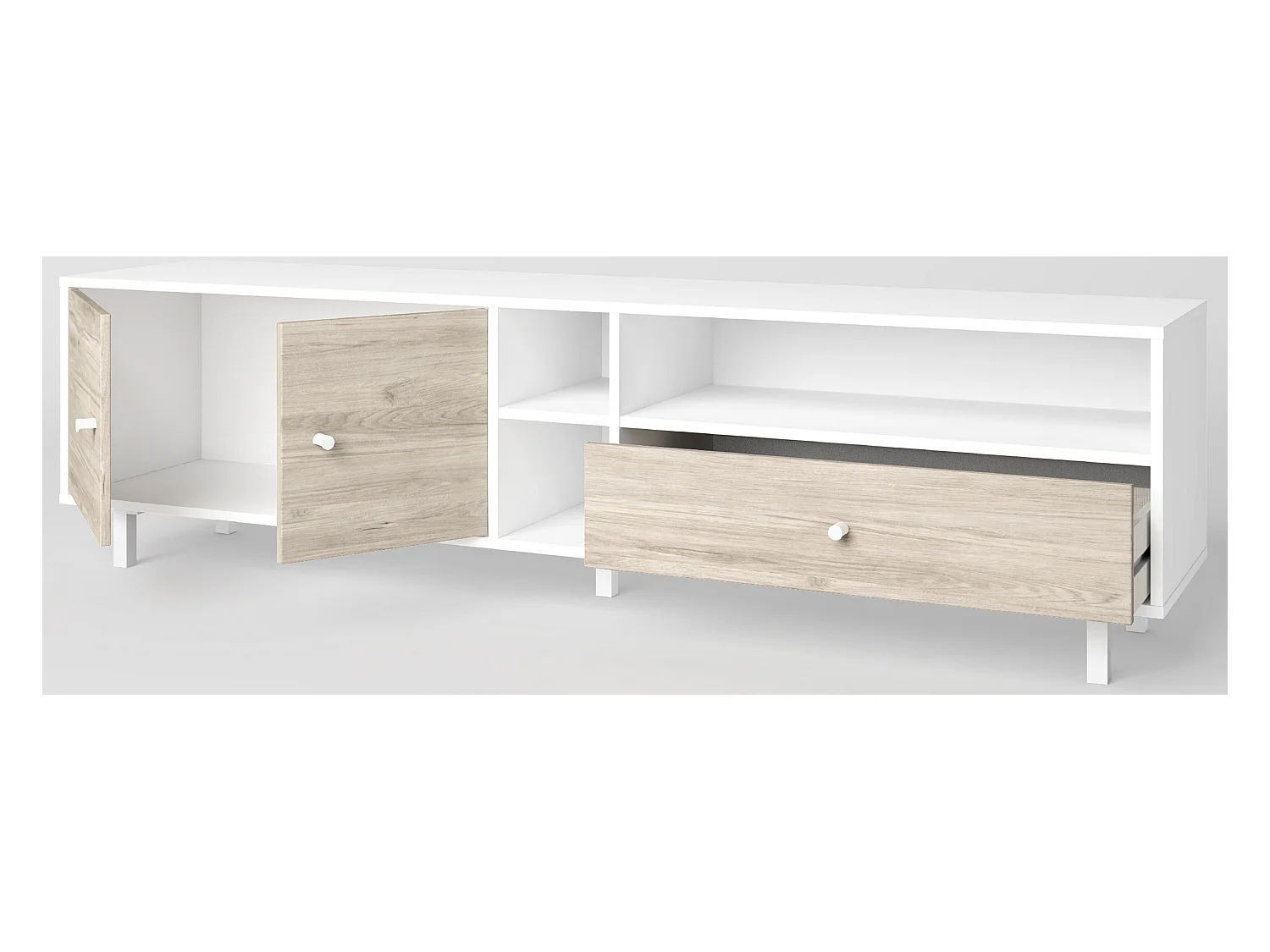 Meuble TV en mélamine blanc / chêne avec pieds en métal, meuble de rangement - Longueur 180 x Profondeur 40 x Hauteur 46.7 cm