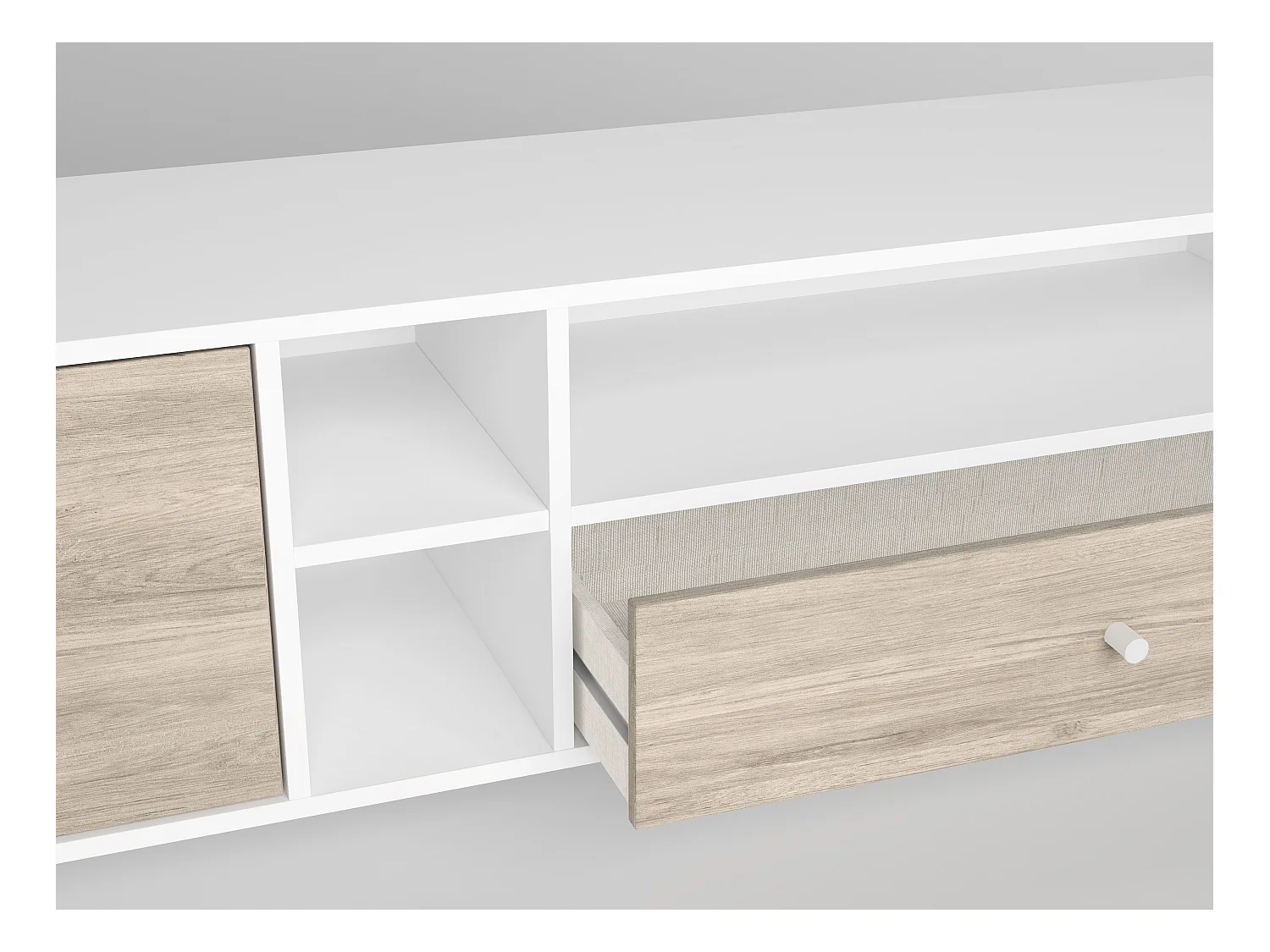 Meuble TV en mélamine blanc / chêne avec pieds en métal, meuble de rangement - Longueur 180 x Profondeur 40 x Hauteur 46.7 cm