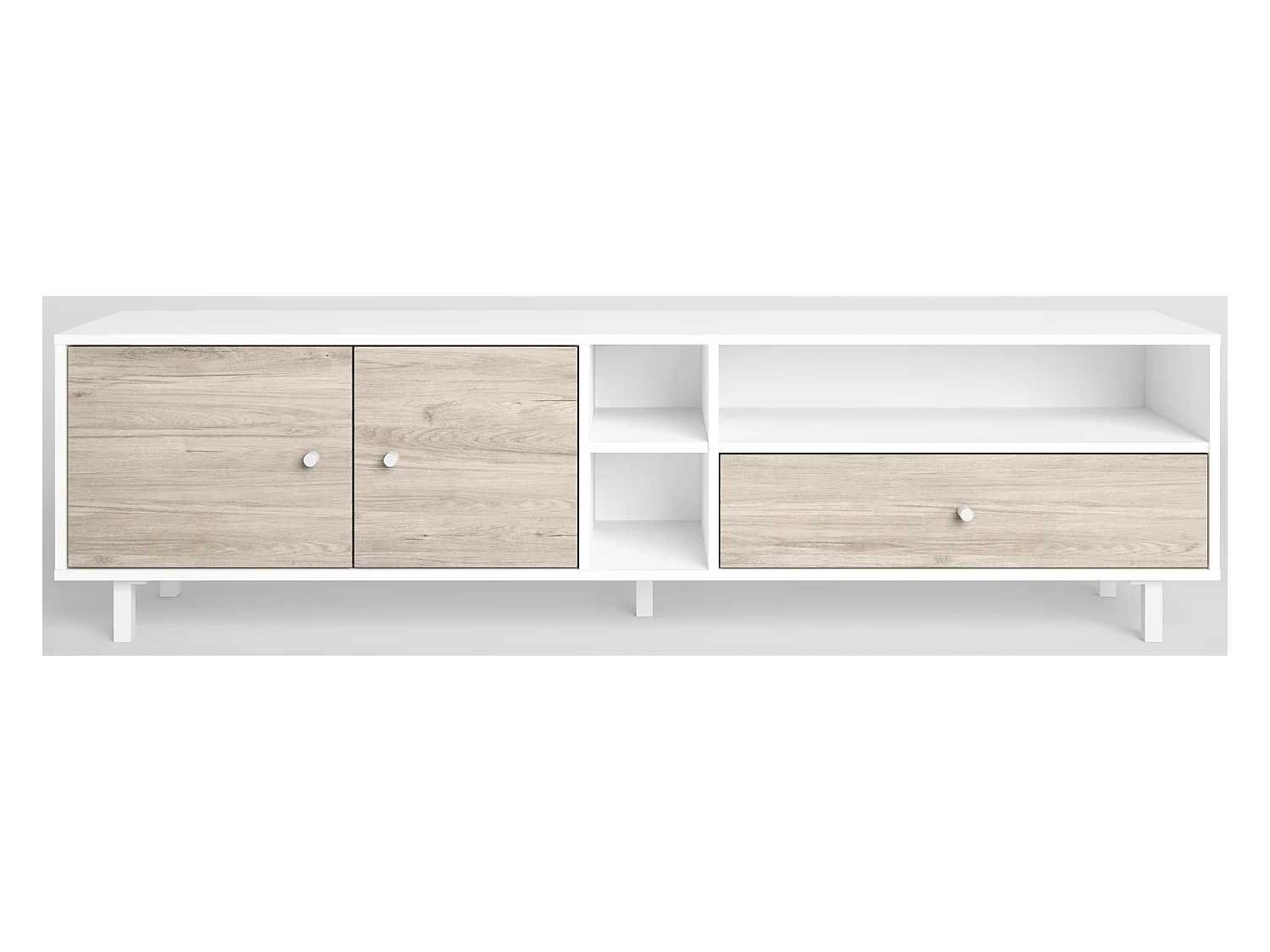 Meuble TV en mélamine blanc / chêne avec pieds en métal, meuble de rangement - Longueur 180 x Profondeur 40 x Hauteur 46.7 cm