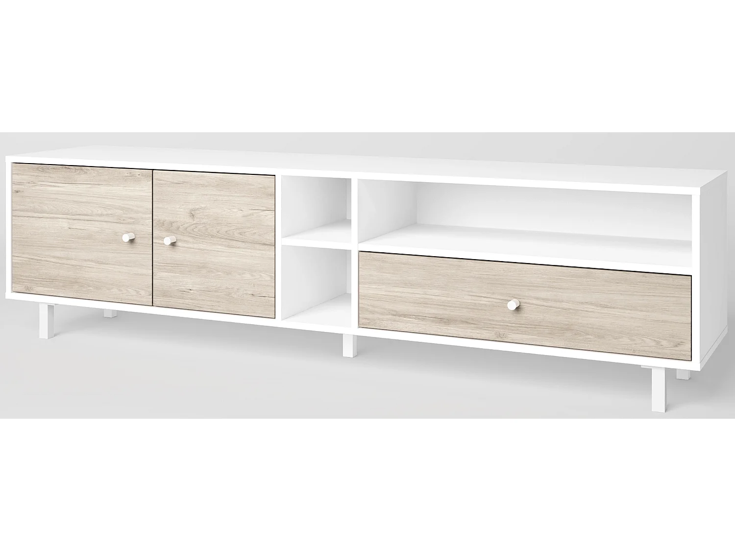 Meuble TV en mélamine blanc / chêne avec pieds en métal, meuble de rangement - Longueur 180 x Profondeur 40 x Hauteur 46.7 cm